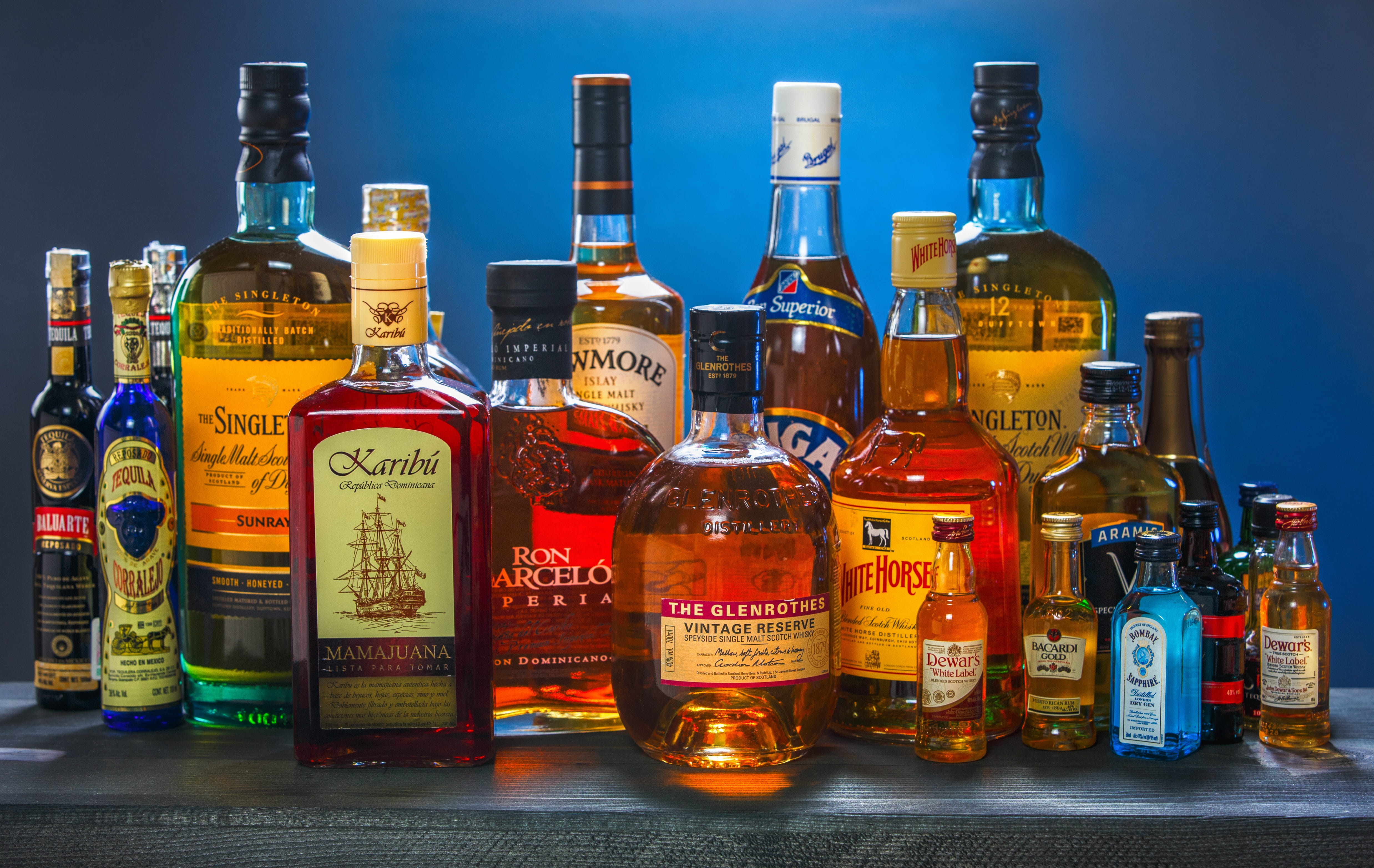 food and drink, large group of objects, communication, still life, in a row, order, container, no people, rum, gin, transparent, 4K, mottled, background, HD Wallpaper