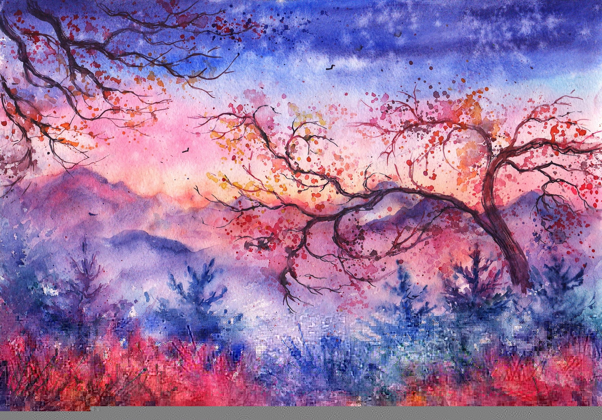 grunge, pink Color, watercolor Painting, splattered, birds, color Image, purple, foliage, design Element, the evening, watercolor Paints, painting, backdrop, HD Wallpaper