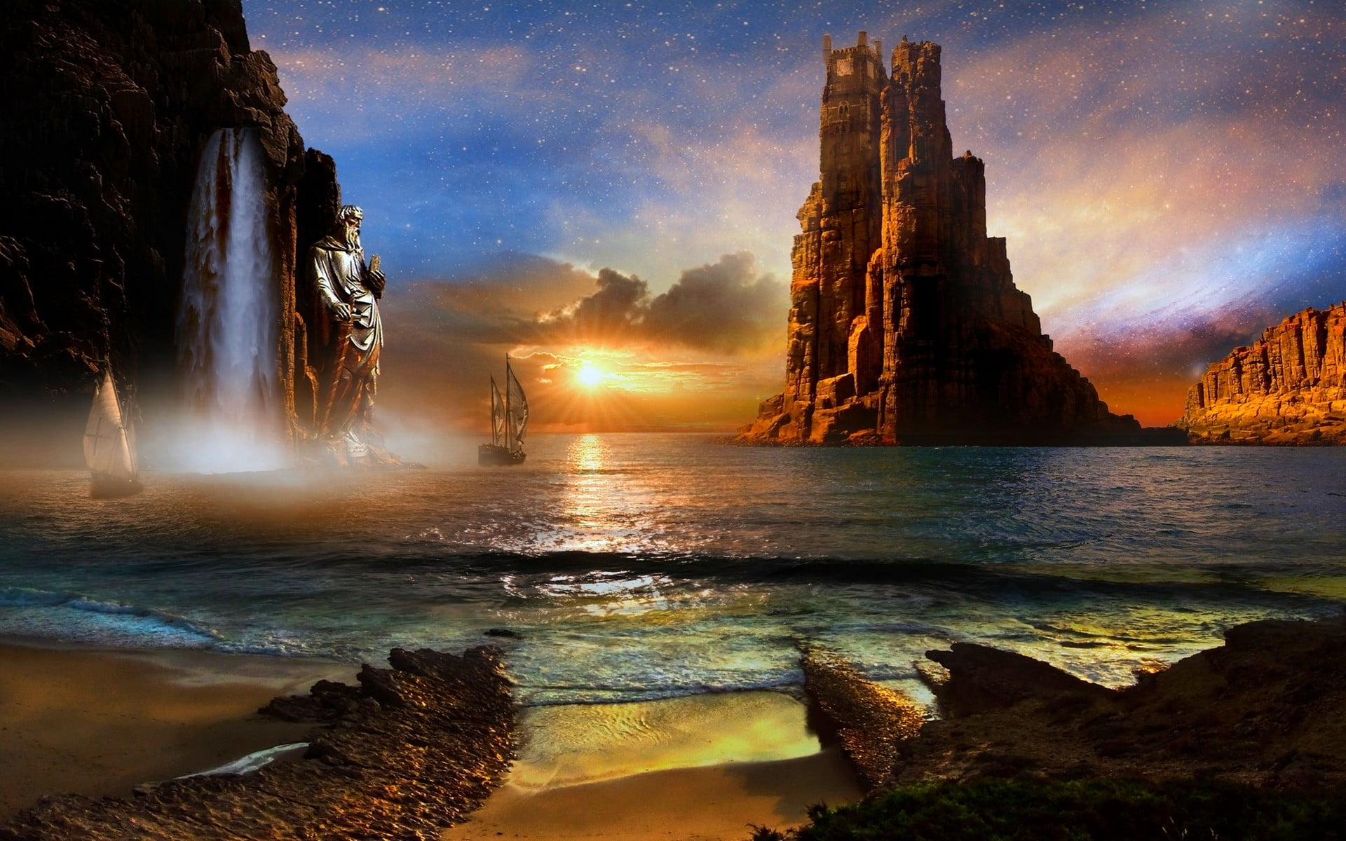 tranquil scene, rock, statue, mist, beauty in nature, 1080P, waterfall, sand, no people, rock formation, formation, landscape, solid, sun, sunset, digital art, HD Wallpaper