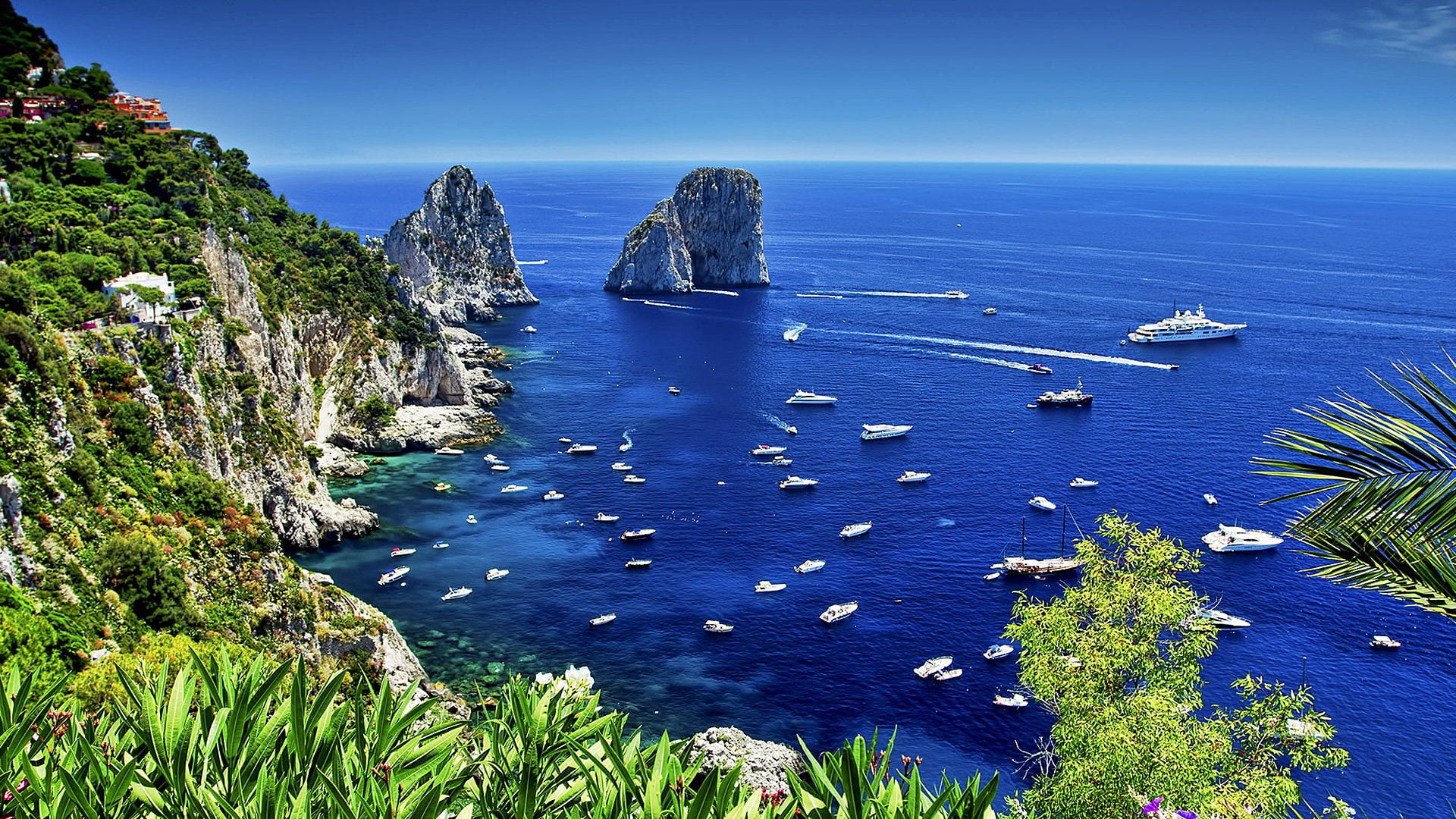 beauty in nature, solid, Ocean, no people, plant, Capri, land, transportation, Sea, 1080P, Island, rock, Towns, nautical vessel, rock - object, outdoors, HD Wallpaper