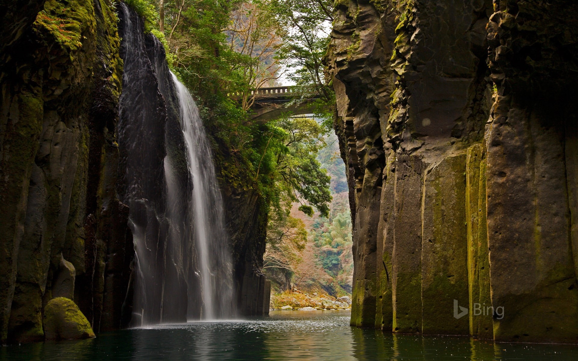 nature, falling water, desktop, solid, outdoors, growth, tree, bing, scenics - nature, flowing water, land, rock, takachiho, wal, japan, no people, flowing, HD Wallpaper