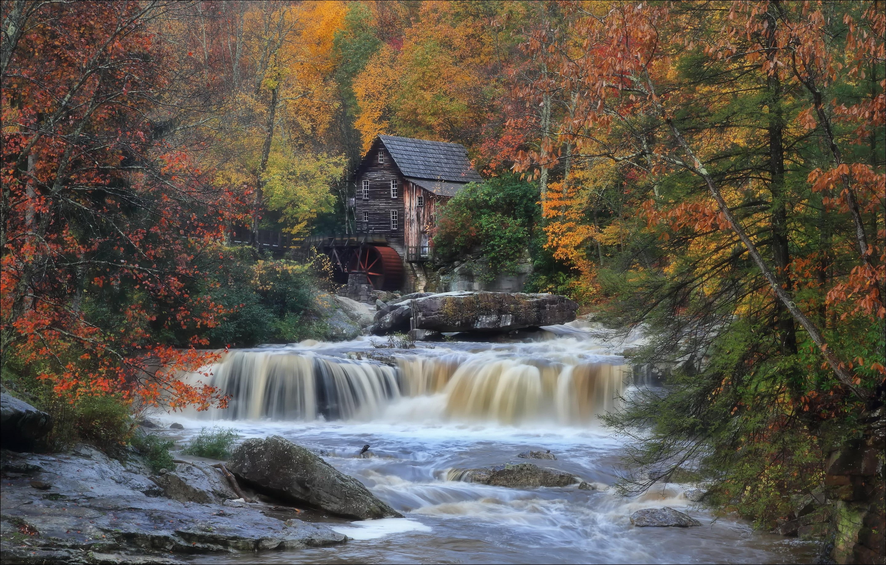 park, Babcock State Park, USA, Fayette County, babcock, new, West Virginia, Autumn, water mill, New River Gorge, stream, state, river, 2K, gorge, HD Wallpaper