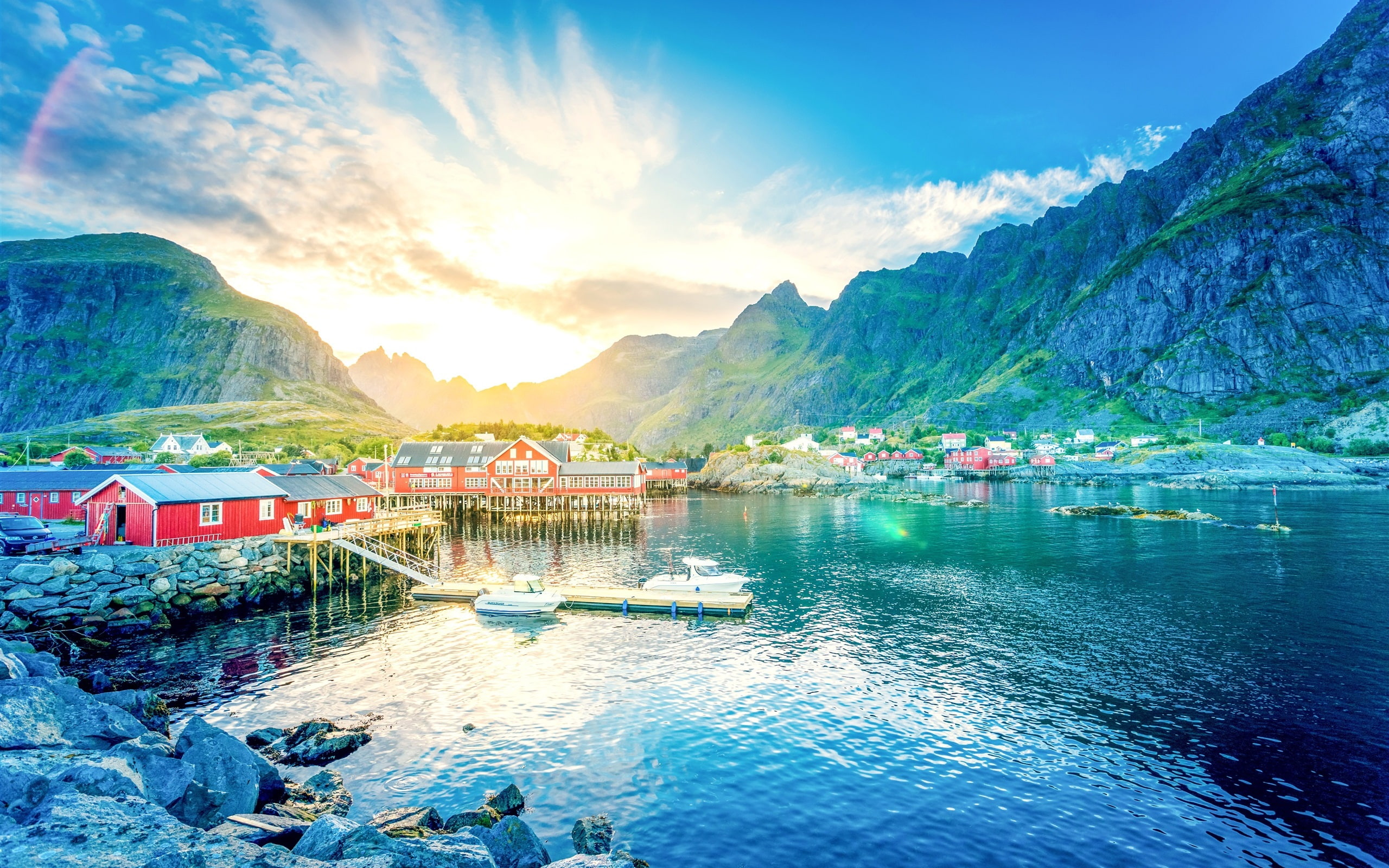 gray, Houses, Norway, Boat, Mountains, 2K, red, house, Pier, Gorge, Sunrise, Lake, Lofoten, Town, HD Wallpaper