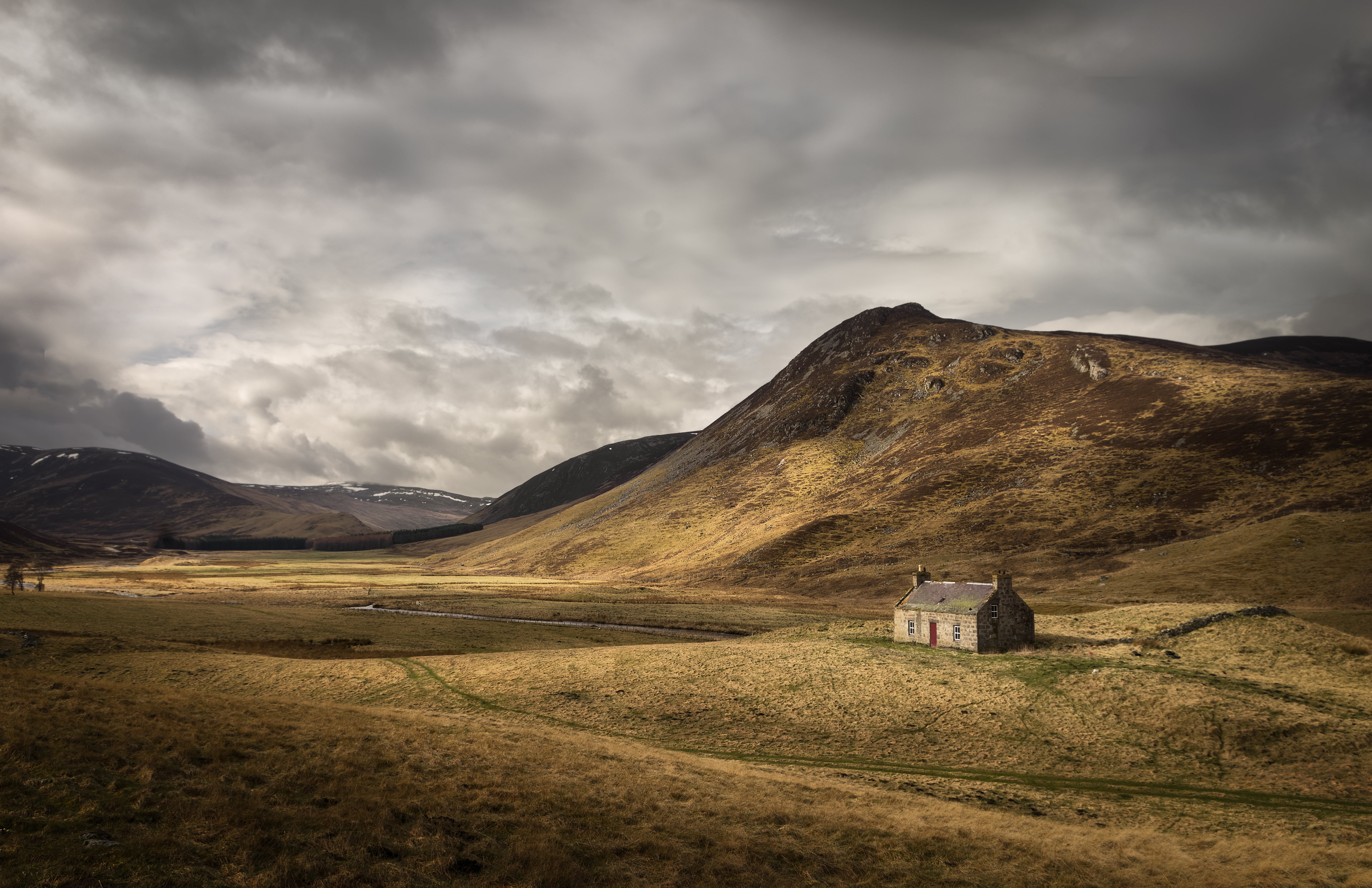 mountains, scenics, 5K, travel, House in the Hills, cloud - Sky, nature, field, near, landscape, iceland, bothy, sky, glen  shee, hill, cottage, outdoors, HD Wallpaper