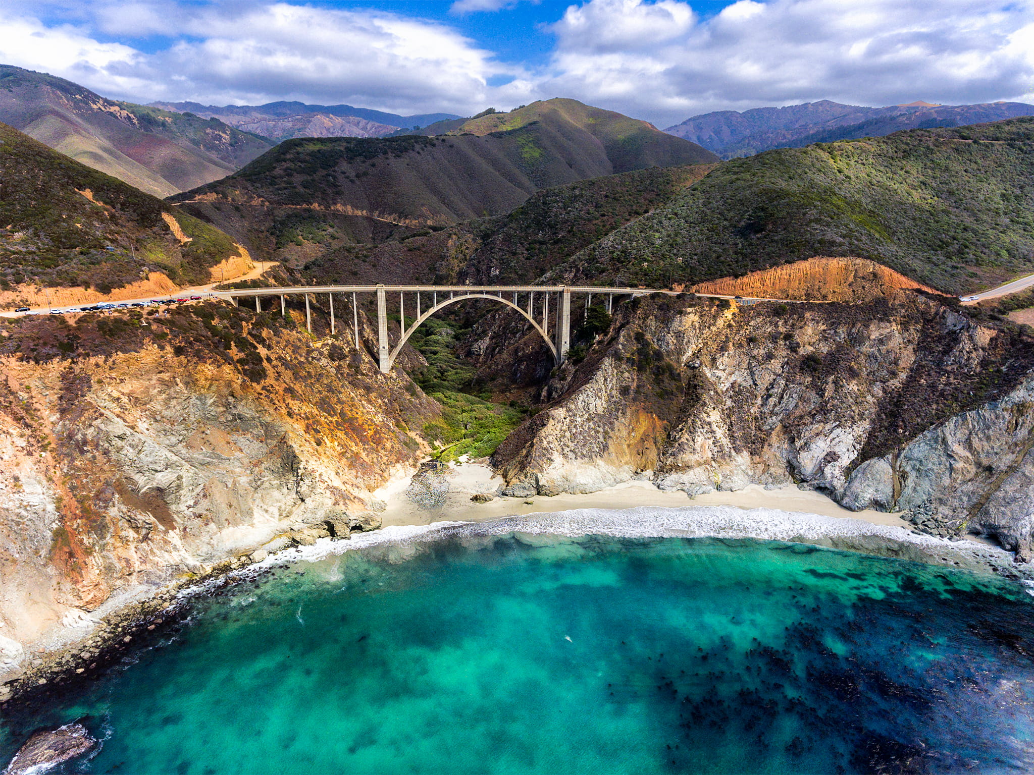usa, beauty in nature, cloud - sky, mountain, travel destinations, water, drone, bridge, non-urban scene, west coast, 1080P, idyllic, bridge - man made structure, HD Wallpaper