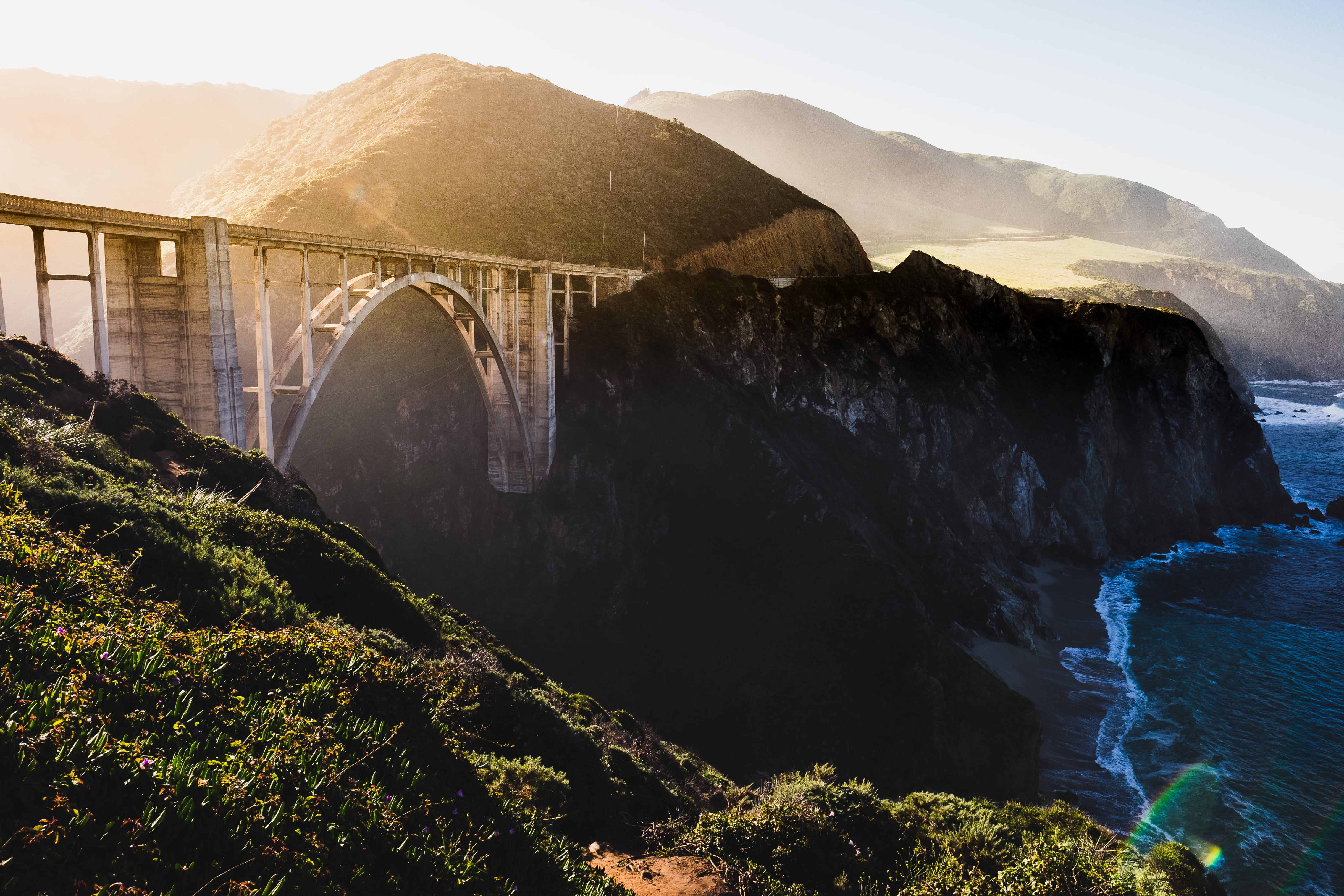 tranquility, seashore, ocean cliff, architecture, outdoors, steel, 4K, land, travel destinations, sky, no people, cliff, built structure, bridge, bixby, HD Wallpaper