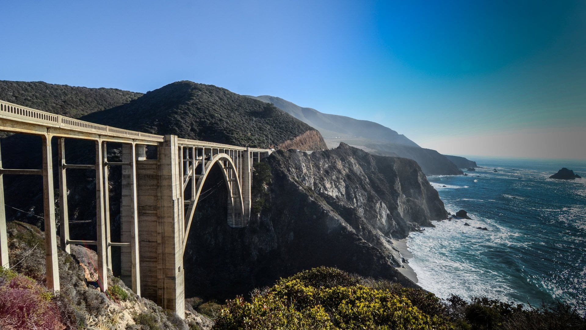 coastline, 1080P, Bixby Creek Bridge, California, clear sky, sea, viaduct, bridge, landscape, HD Wallpaper