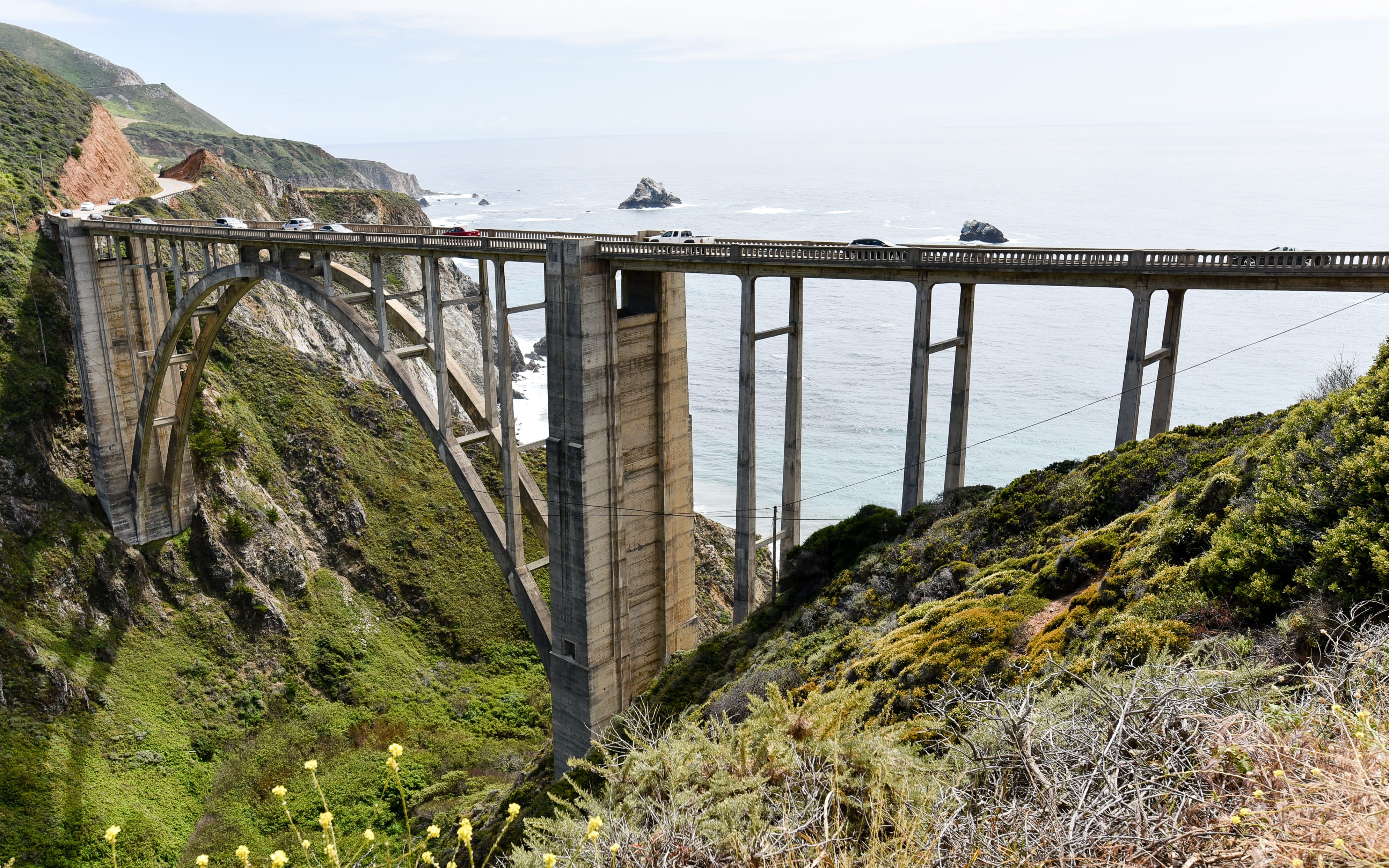sky, sea, connection, plant, nature, bridge - man made structure, built structure, no people, scenics - nature, river, 4K, transportation, mountain, Bixby Creek Bridge, HD Wallpaper