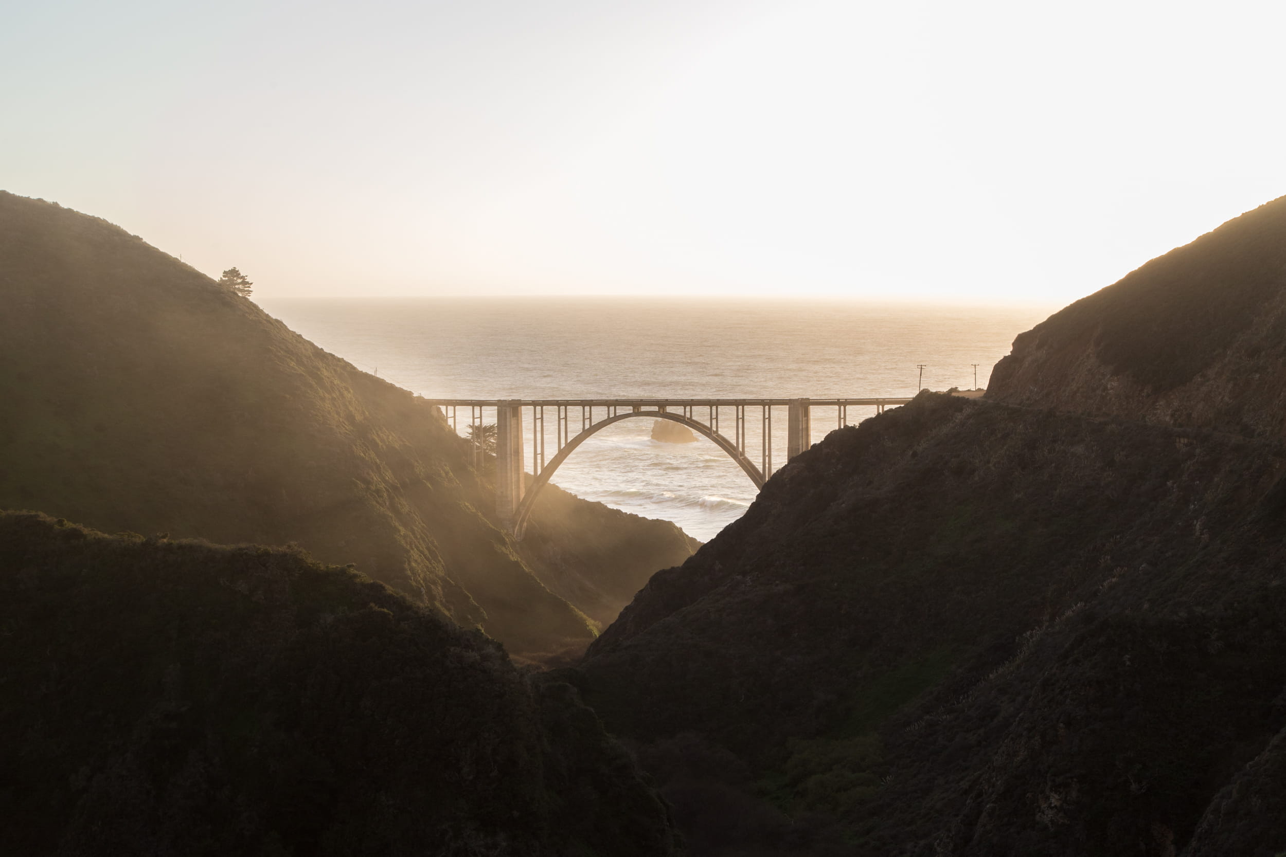 water, mountain, monterey, beauty in nature, pacific, bixby canyon, united states, ocean view, bridge, 1080P, architecture, pacific ocean, connection, HD Wallpaper