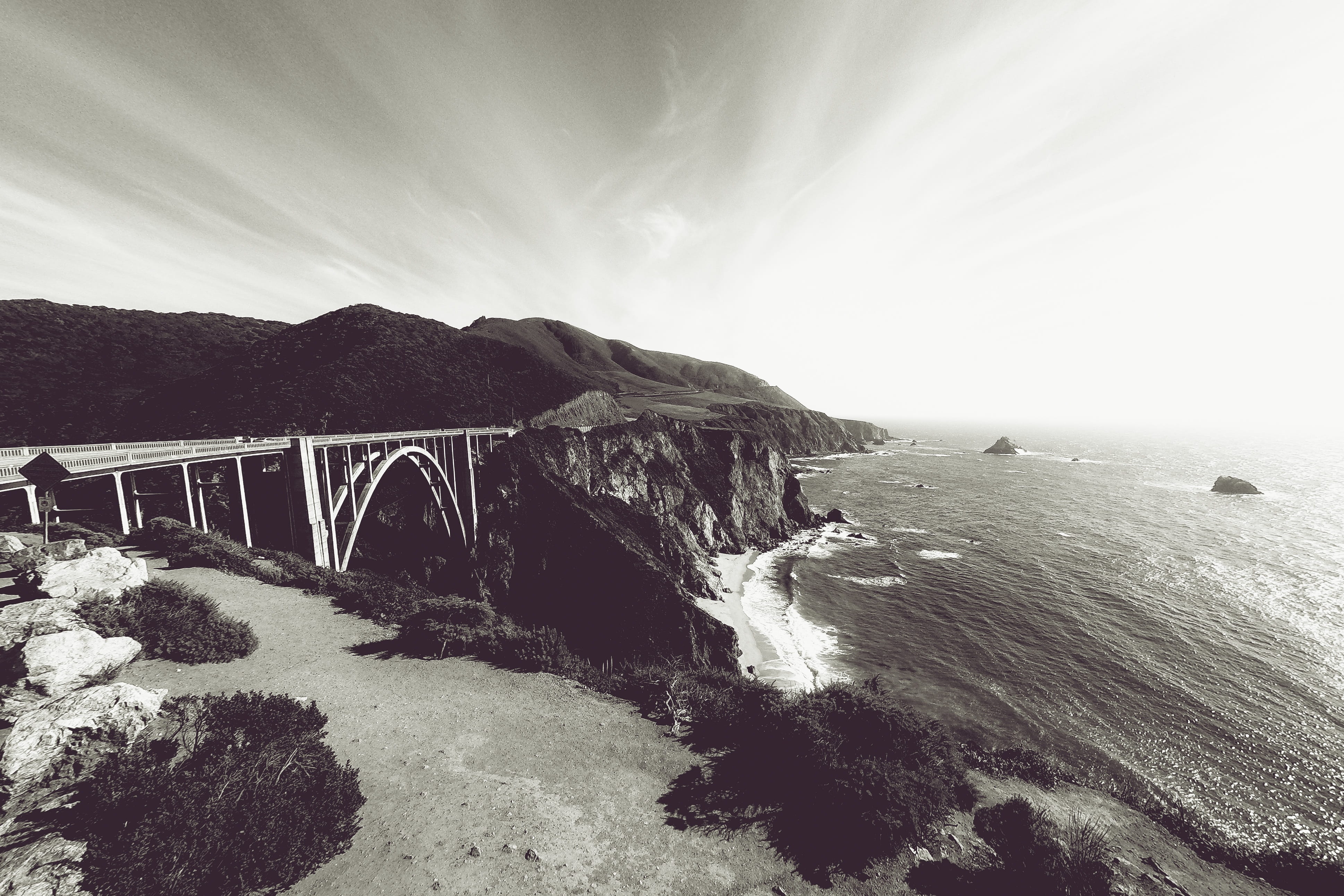 landscape, bixby bridge, photo, highway 1, beauty in nature, no people, west coast, monterey, morro bay, transportation, america, route, built structure, HD Wallpaper