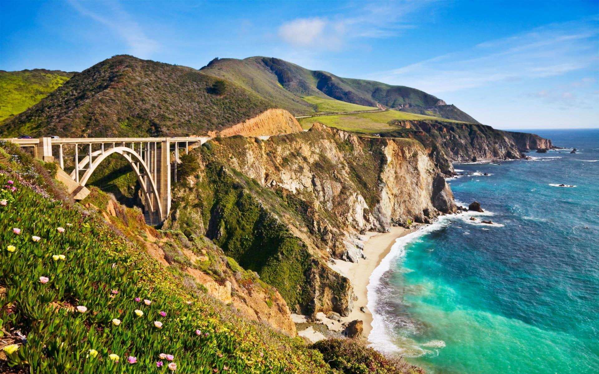 flowers, bixby, big sur, bixby bridge, beautiful, bridge, architecture, 1080P, beaches, monuments, nature, HD Wallpaper