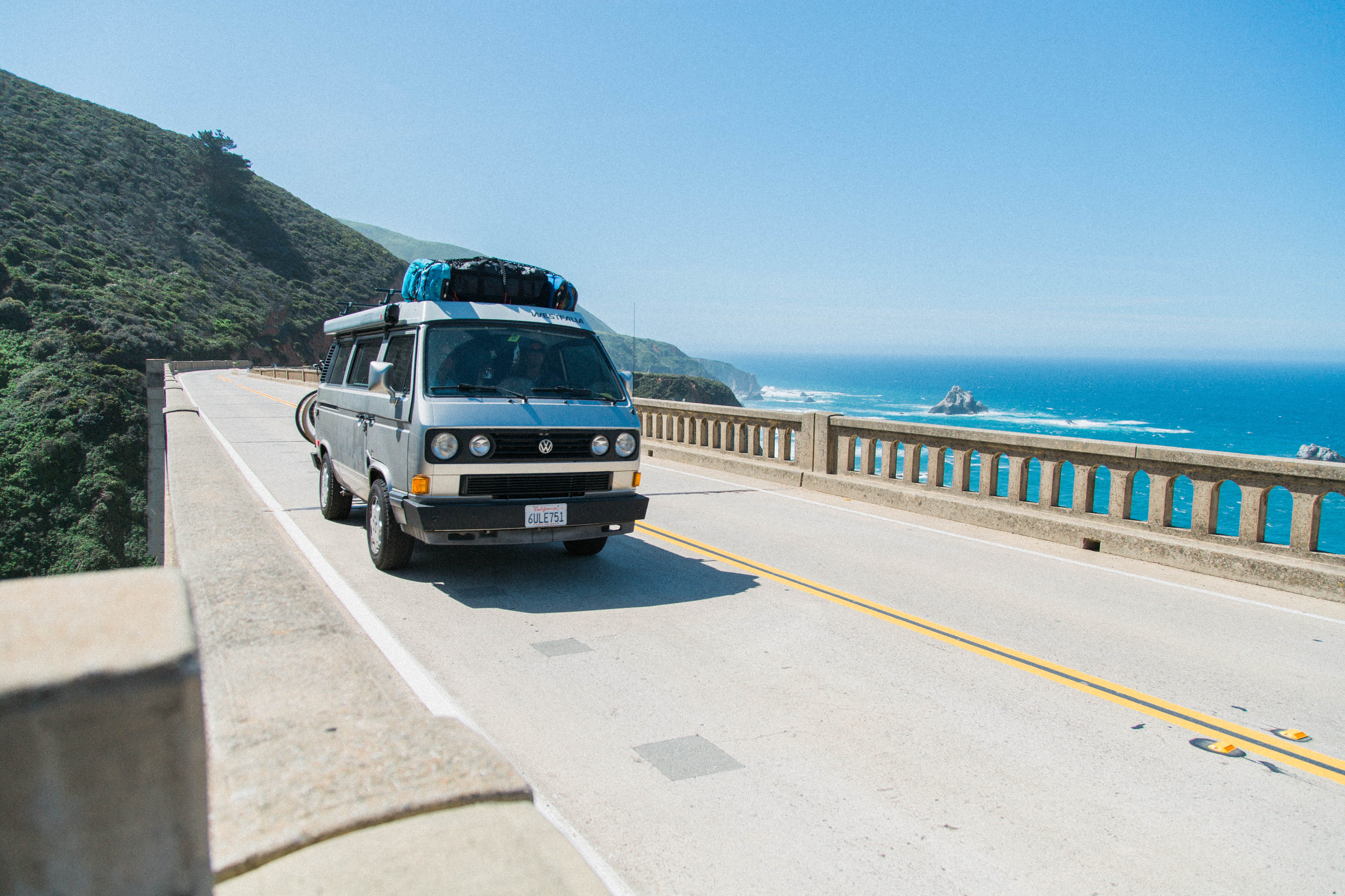 traffic, vw, commercial land vehicle, beside, campervan, Canyon, industry, water, nature, transportation, blue, driving, freight transportation, Bixby, HD Wallpaper