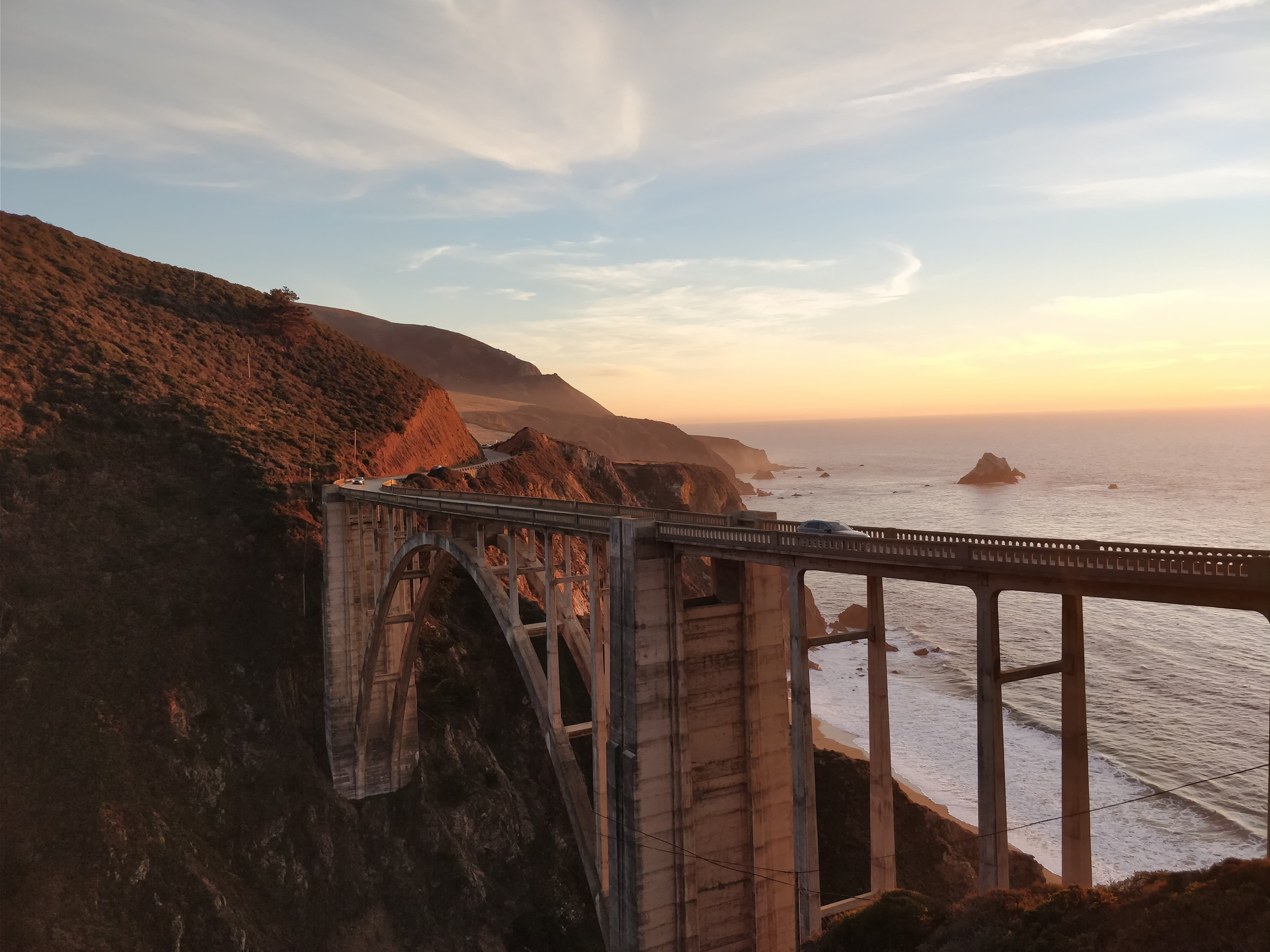 warm tones, nature, 4K, outdoors, big sur, tranquil scene, scenics - nature, concrete, water, gray, sky, blue, land, bridge, road, sea, sunrise, architecture, HD Wallpaper