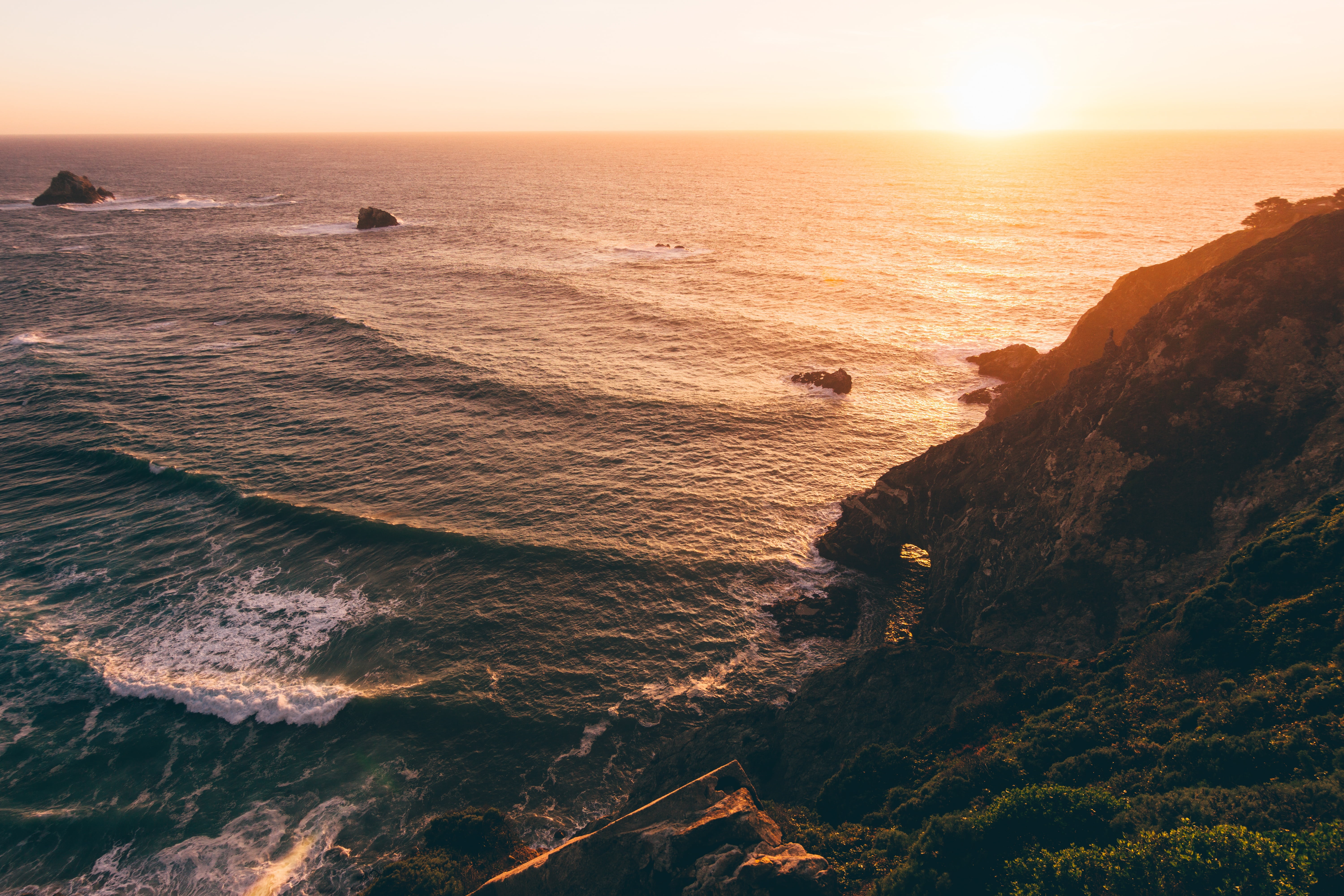 coast, beach, sky, calm, sunlight, water, nature, blue, ocean, scenics - nature, cliff, rock, evening, landscape, sun, solid, sea, vacation, tranquility, HD Wallpaper