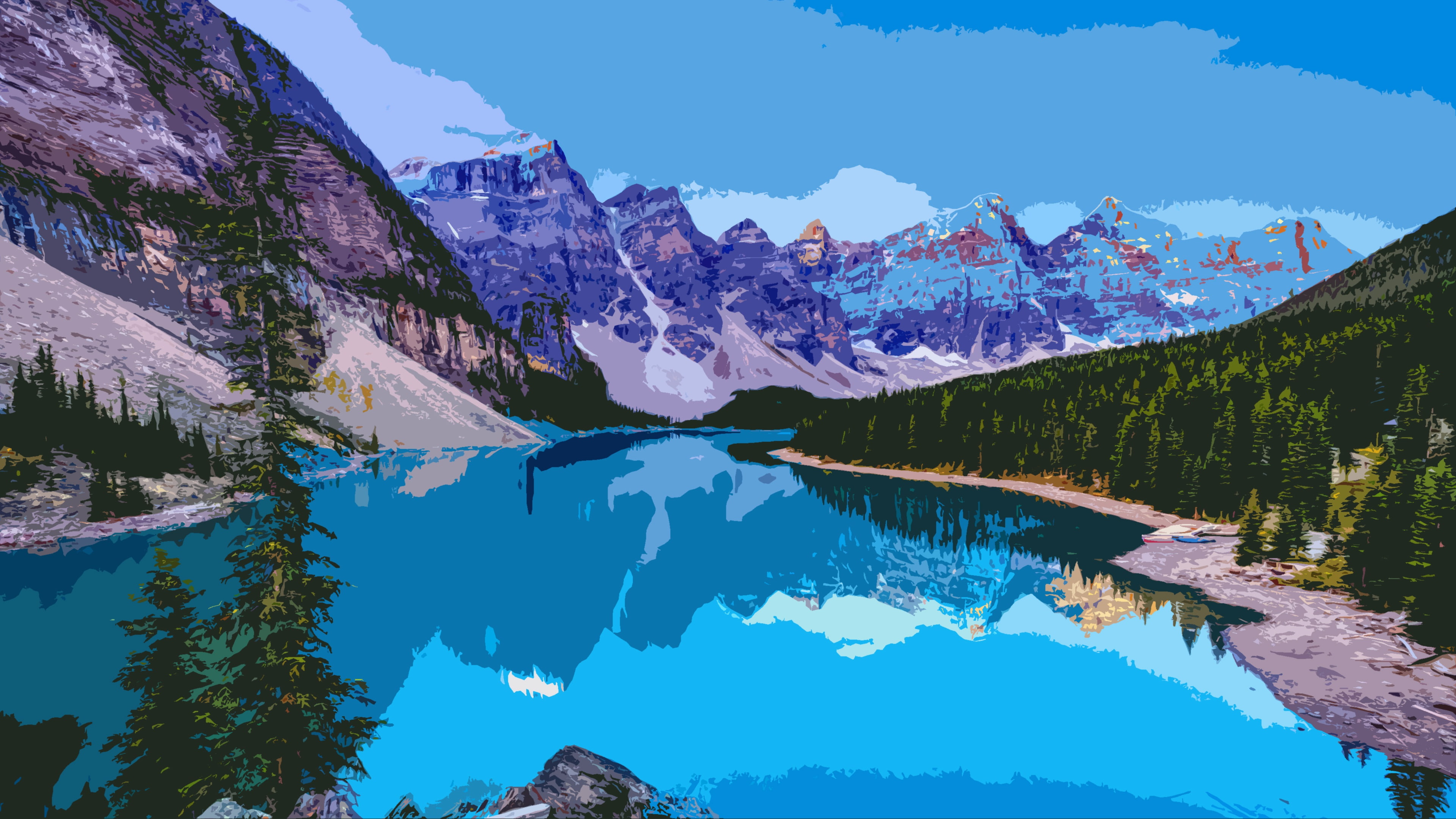 spruce, 4K, painting, trees, river, mountains, ten peaks, valley of the ten peaks., HD Wallpaper