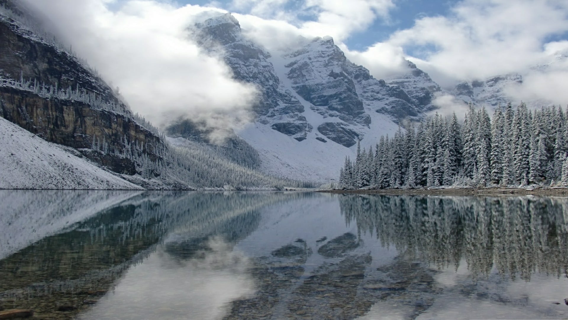 national park, environment, 1080P, tranquil scene, ice, sky, snowcapped mountain, water, banff national par, reflection lake, winter, tranquility, outdoors, HD Wallpaper