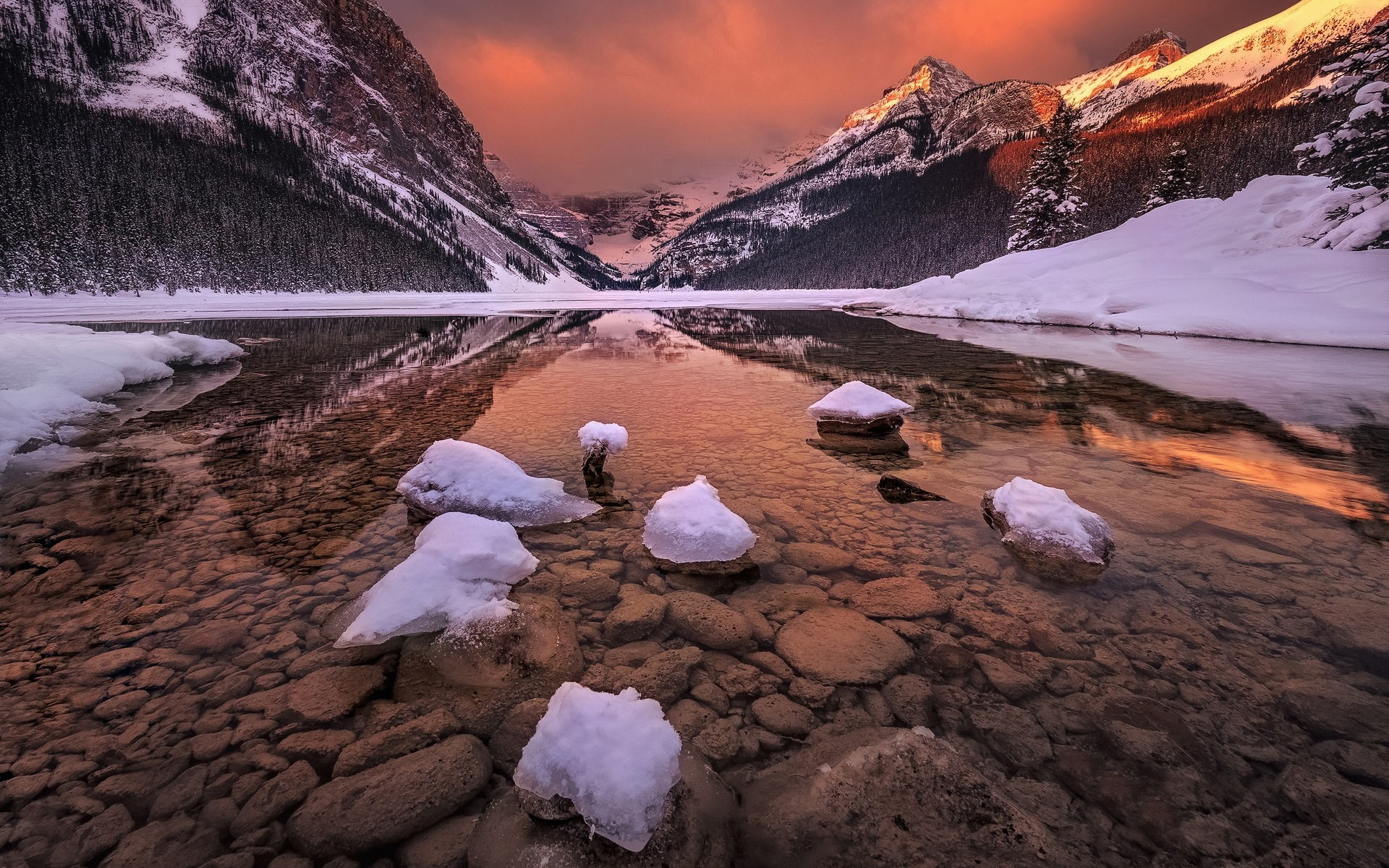 Banff, covered, river, Lake, Glacial, Alberta, photo, 1080P, Park, Canada, Mountains, National, Snow, Rocky, mountain, HD Wallpaper