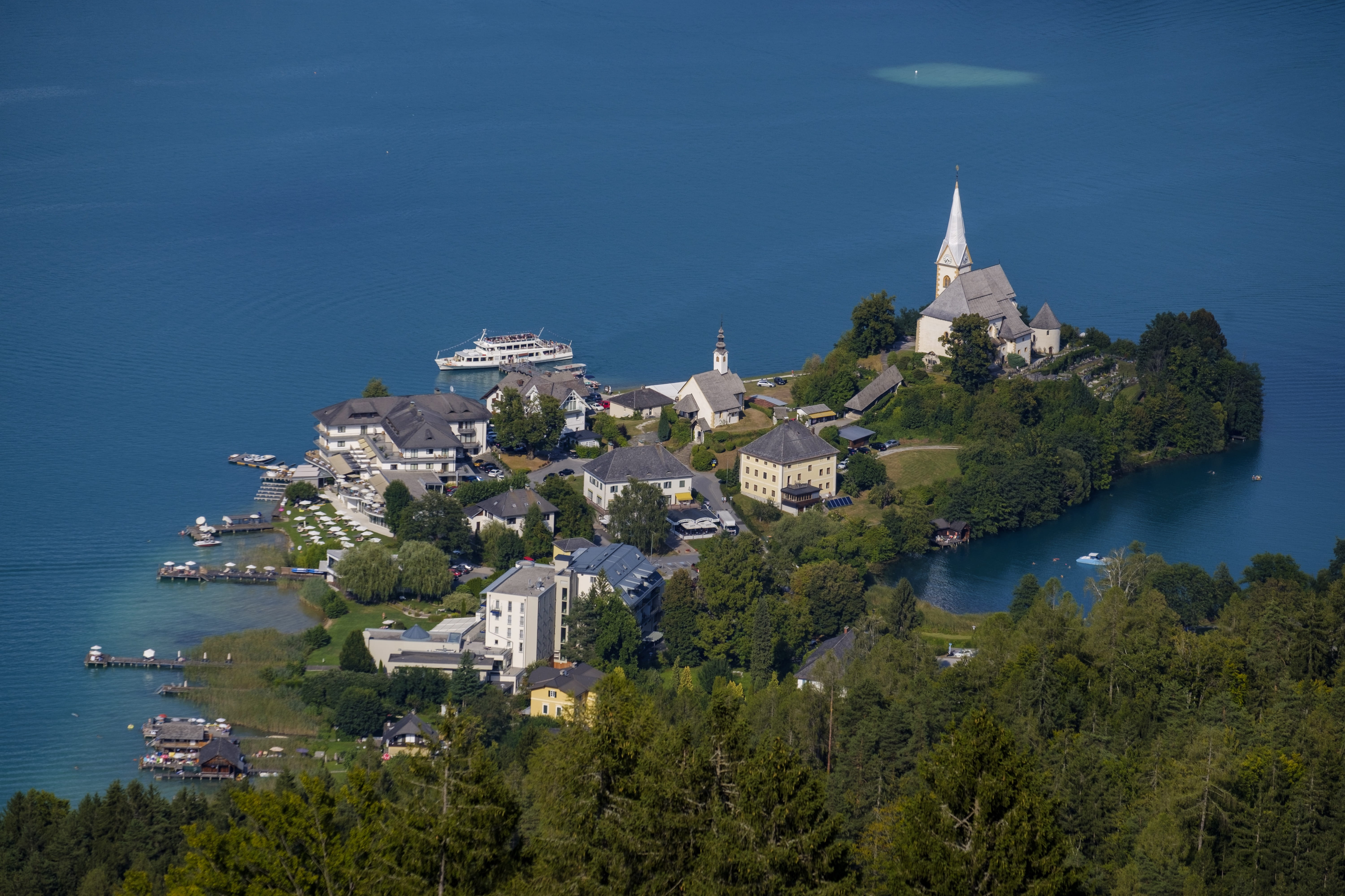 wörthersee, church, luxury, austria, maria wörth, sea, religion, building exterior, view, panorama, city, nature, travel destinations, island, 5K, built structure, HD Wallpaper