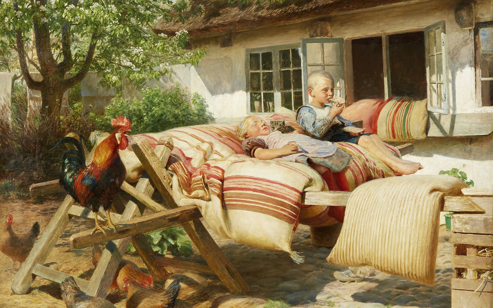 The sun is shining in the neighbors mansion, Danish painter, Hans Ola Brazen, The sun is shining on the neighbors yard, 1902, 1080P, Hans Ole Brasen, HD Wallpaper