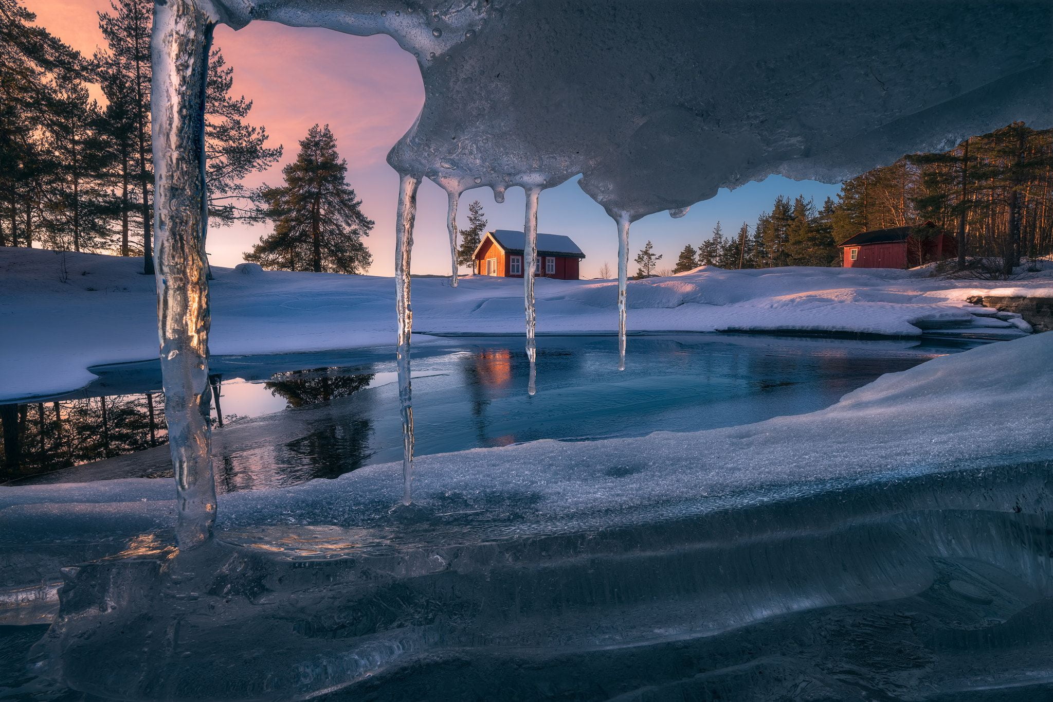 winter, 1080P, landscape, icicle, Ole Henrik Skjelstad, sunset, snow, cabin, nature, trees, frozen lake, ice, reflection, Norway, HD Wallpaper