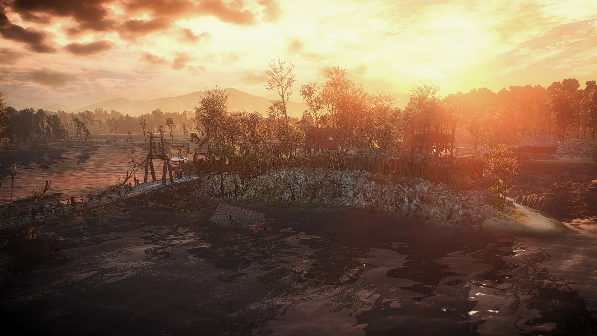 building, plant, The Witcher 3: Wild Hunt, tree, concrete, white, fantasy art, video games, sunlight, sun, tranquil scene, lake, water, sunset, sky, reflection, HD Wallpaper