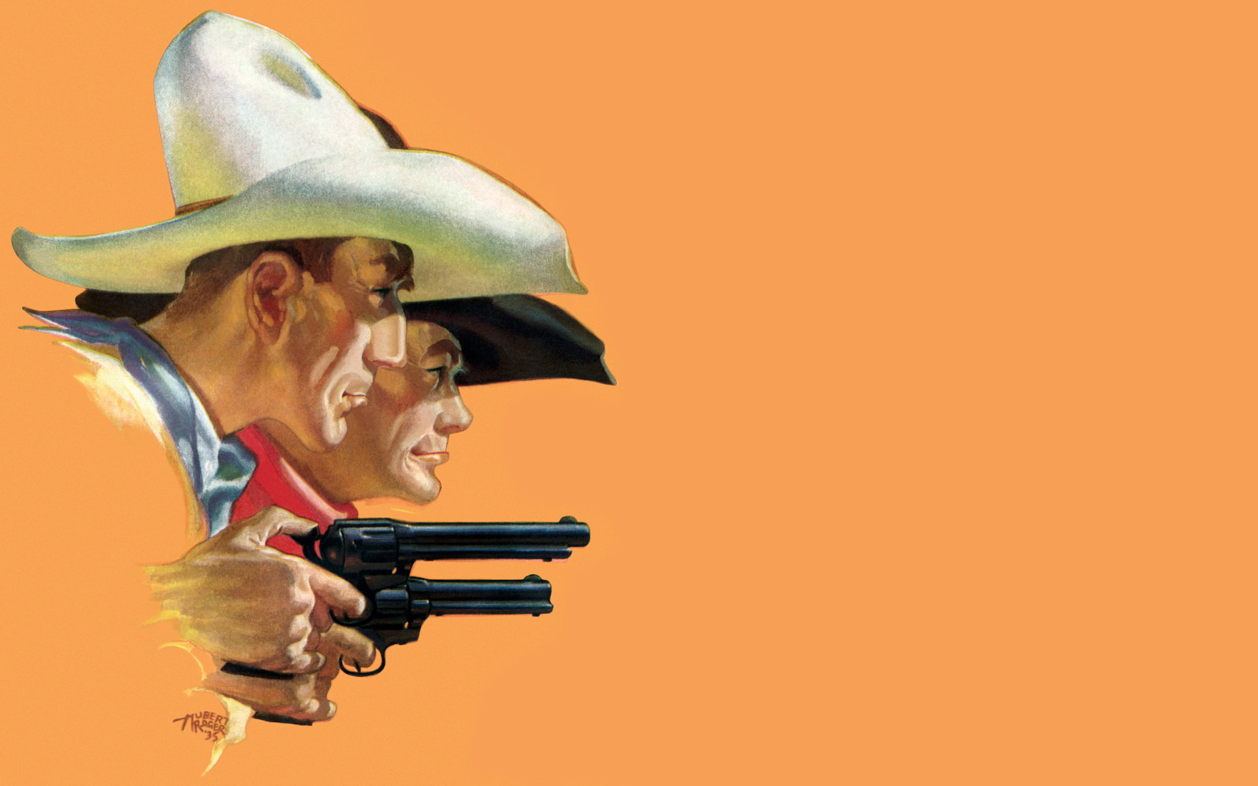 revolver, cowboys, colored background, adult, 2K, frustration, negative emotion, The Wild West, studio shot, aiming, copy space, Stetson, communication, HD Wallpaper
