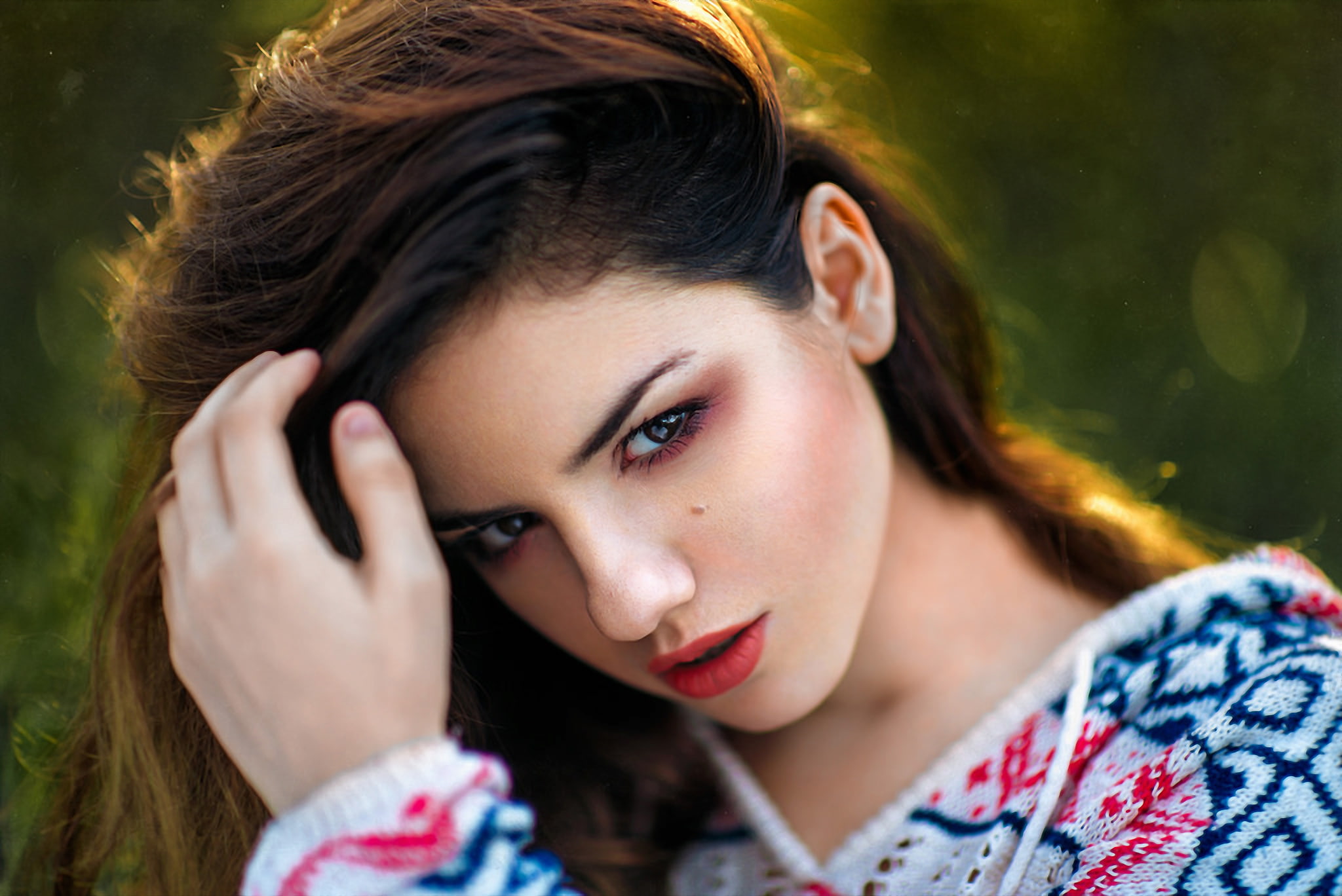 face, women, portrait, Delaia Gonzalez, red lipstick, 1080P, depth of field, HD Wallpaper