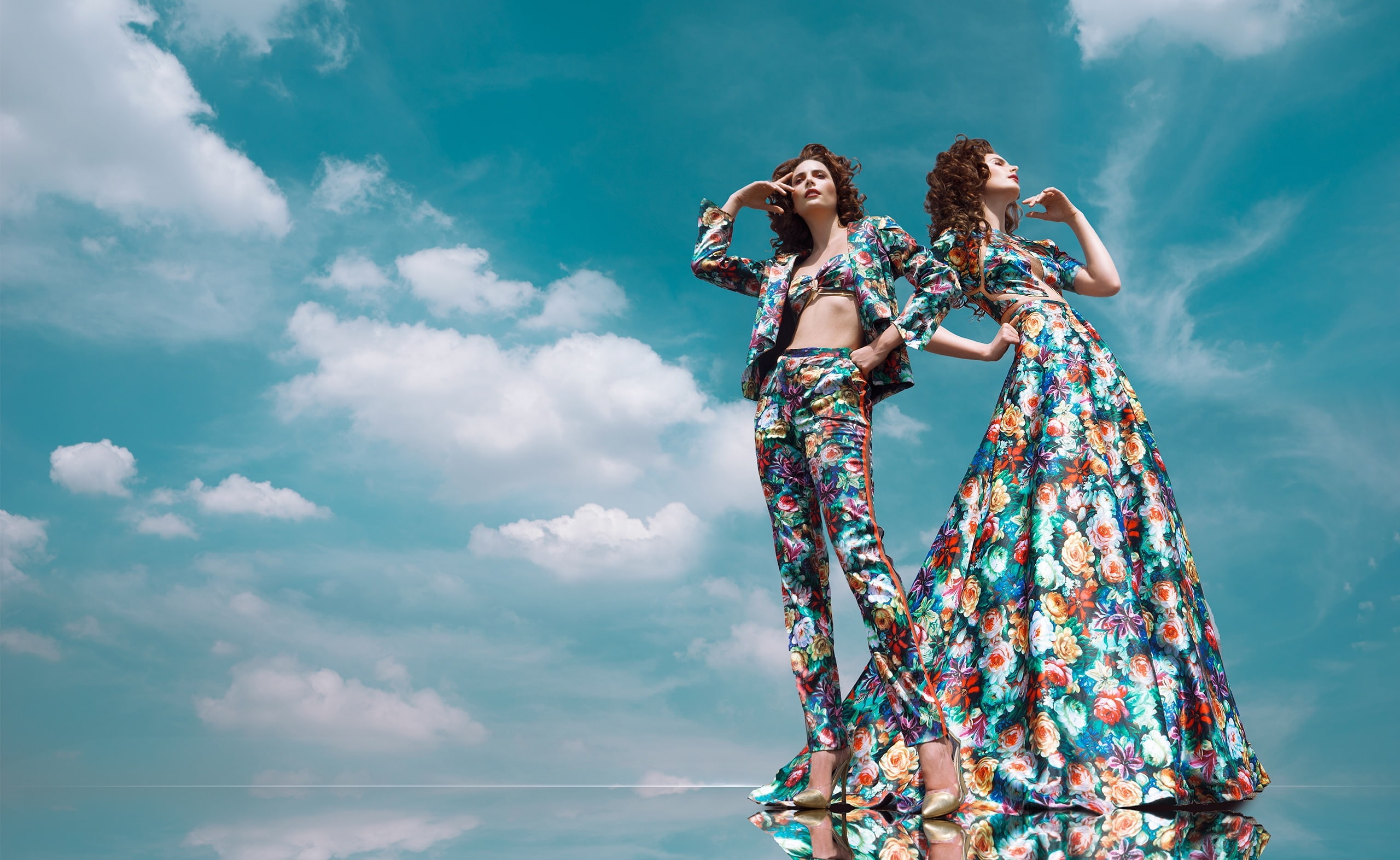 trousers, Models, women, prints, adult, 2K, clothes, outdoors, two people, floral, full length, day, Female, beautiful woman, FloorLength, cloud - sky, HD Wallpaper
