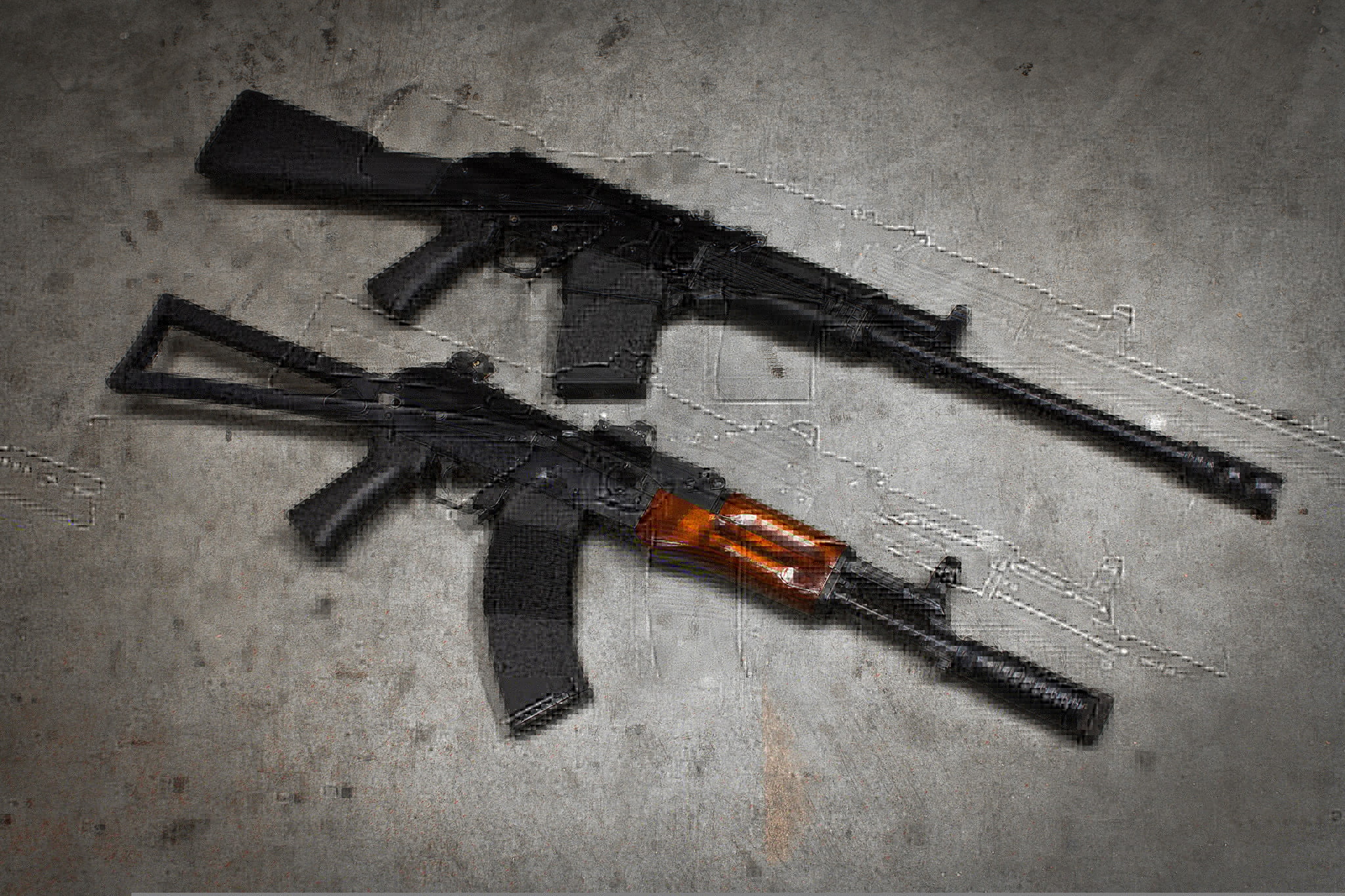 crime, machine, rifles, Kalashnikov, high angle view, directly above, focus on shadow, brown, Saiga-12K, studio shot, shadow, creativity, music, The AKS-74, HD Wallpaper