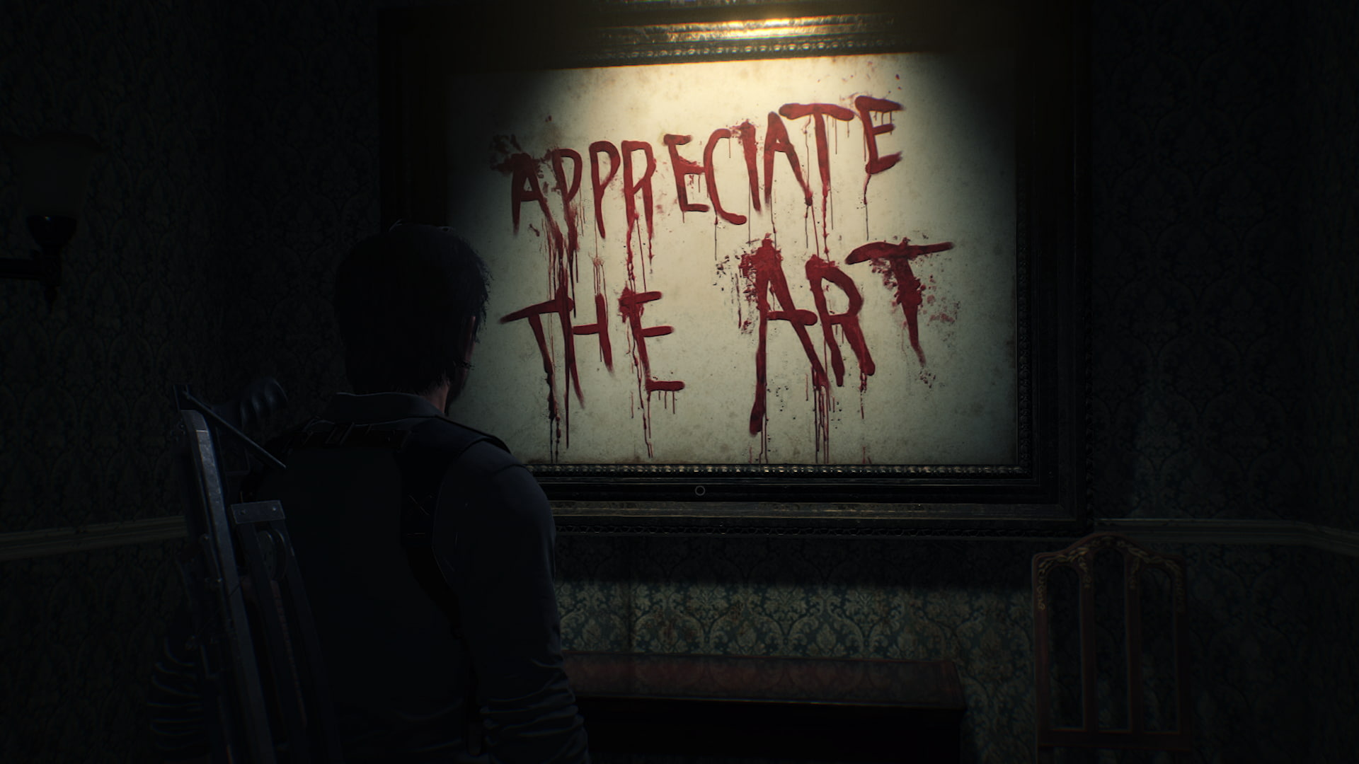 The Evil Within, western script, casual clothing, leisure activity, crime, horror, 1080P, standing, video games, rear view, message, indoors, writing, HD Wallpaper