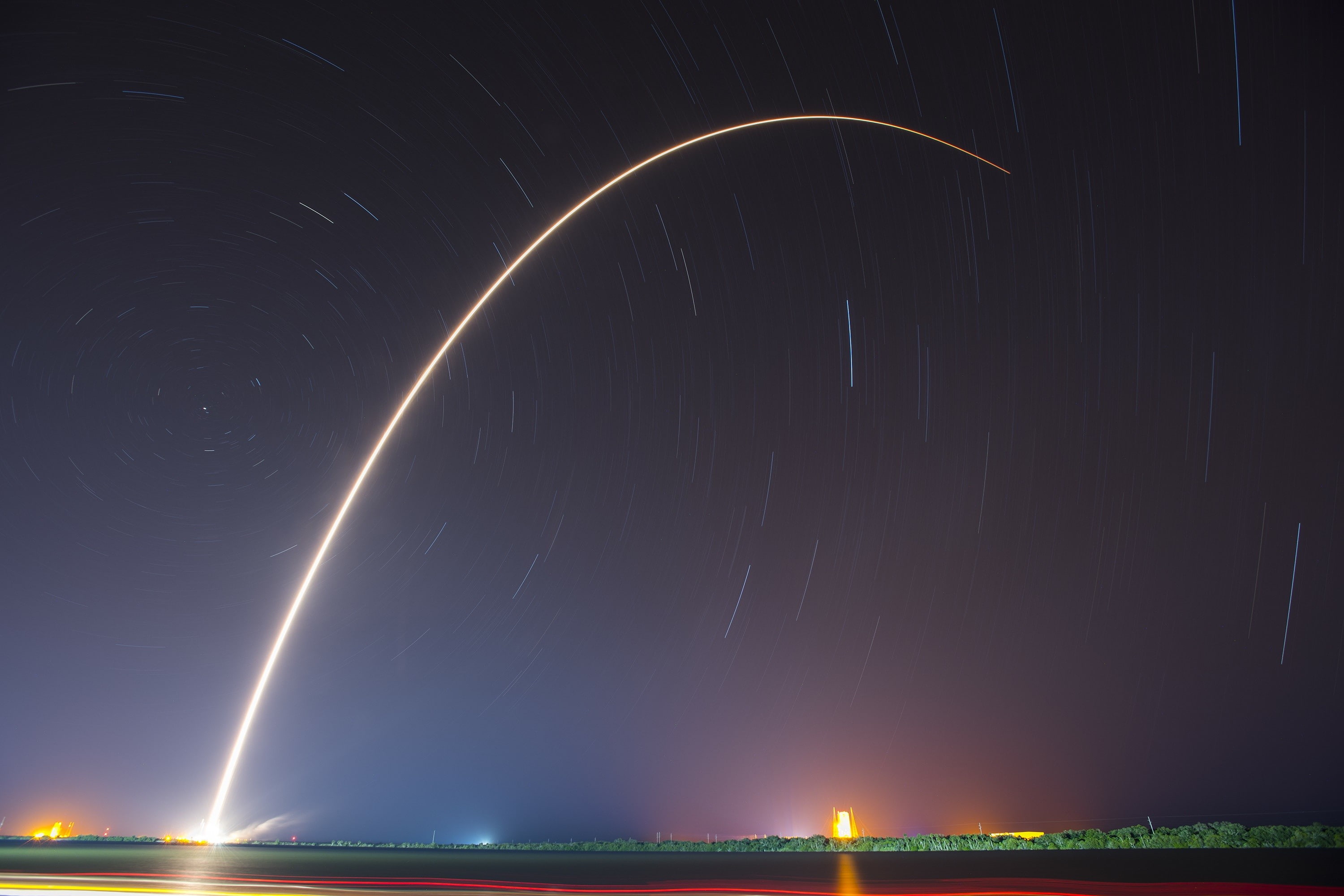 Falcon 9, space, long exposure, rocket, SpaceX, 2K, stars, nature, HD Wallpaper