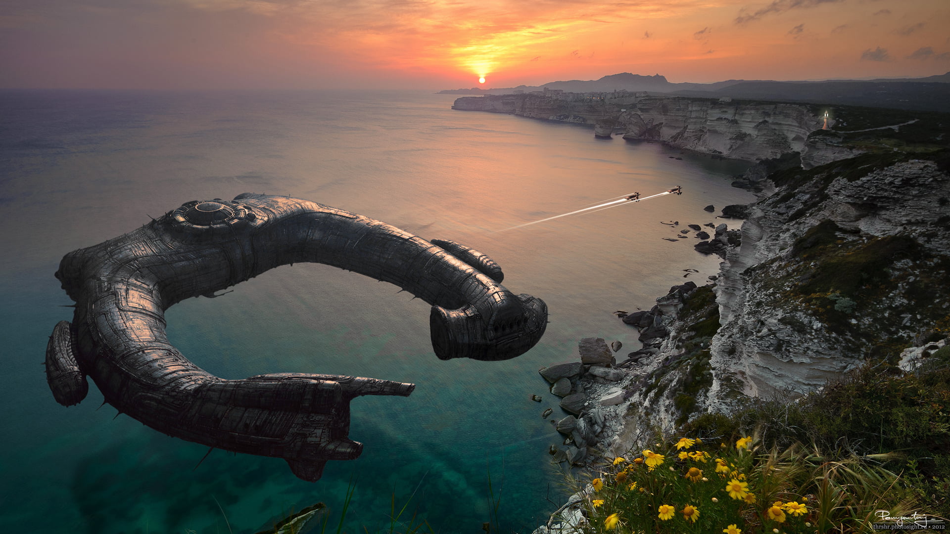 sky, rock, famous Place, water, beach, earth, vacations, landscape, solid, 1080P, ship, travel Destinations, game, tranquil scene, orange color, space, HD Wallpaper