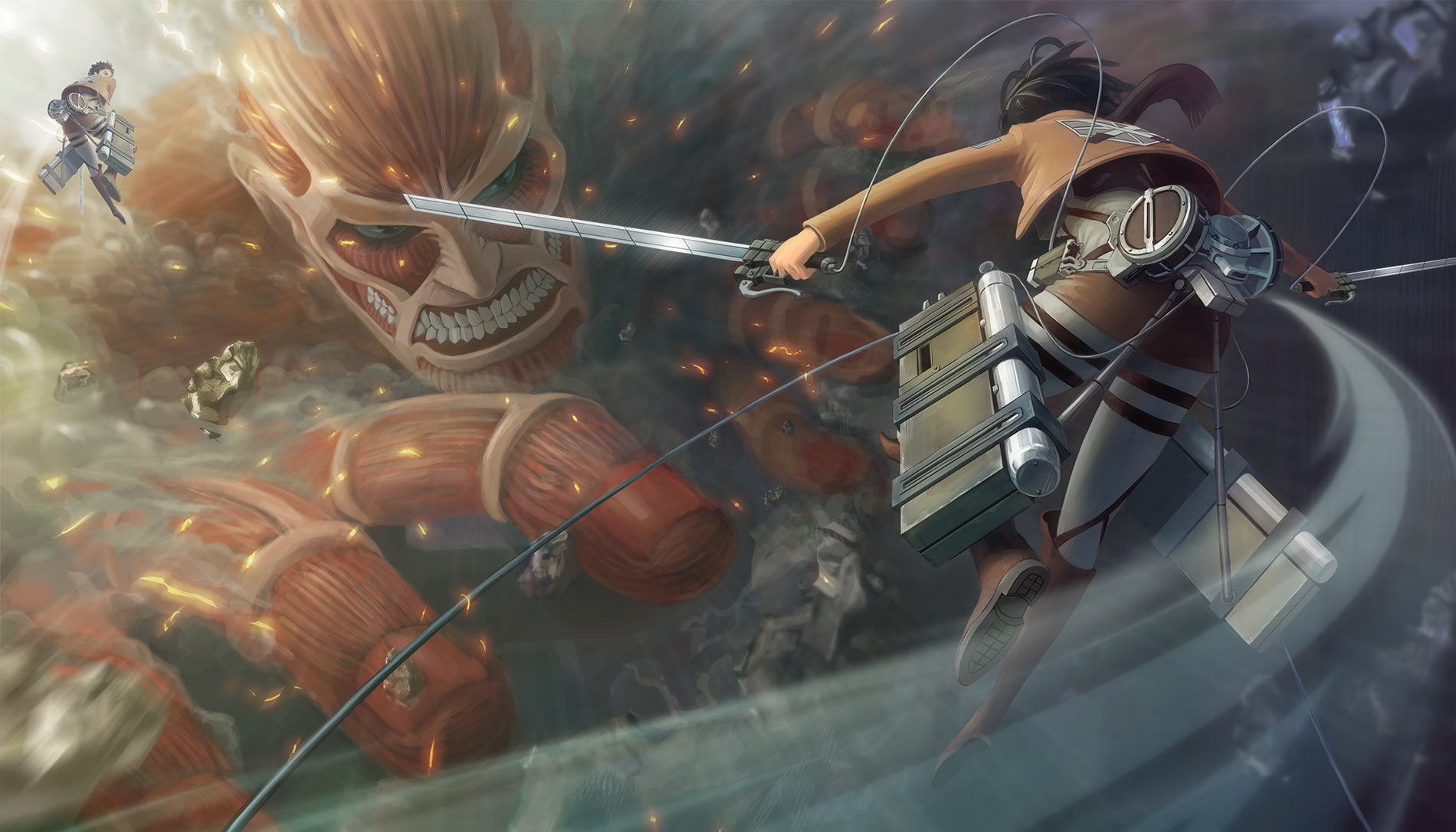Black Hair, 720P, Titan, Colossal Titan, Sword, Mikasa Ackerman, Attack On Titan, Shingeki No Kyojin, Anime, Jacket, HD Wallpaper