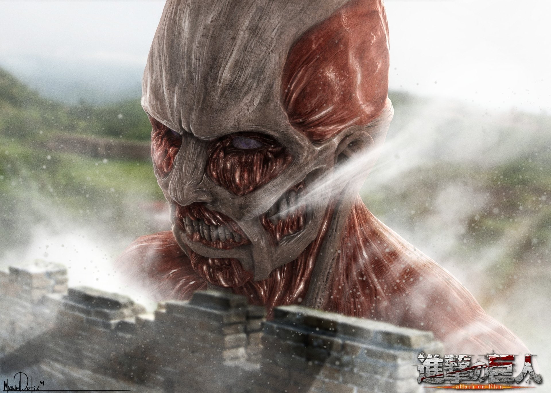 Anime, looking, headshot, 1080P, rain, mask, men, Colossal Titan, close-up, glass - material, window, front view, Attack On Titan, one person, digital composite, HD Wallpaper