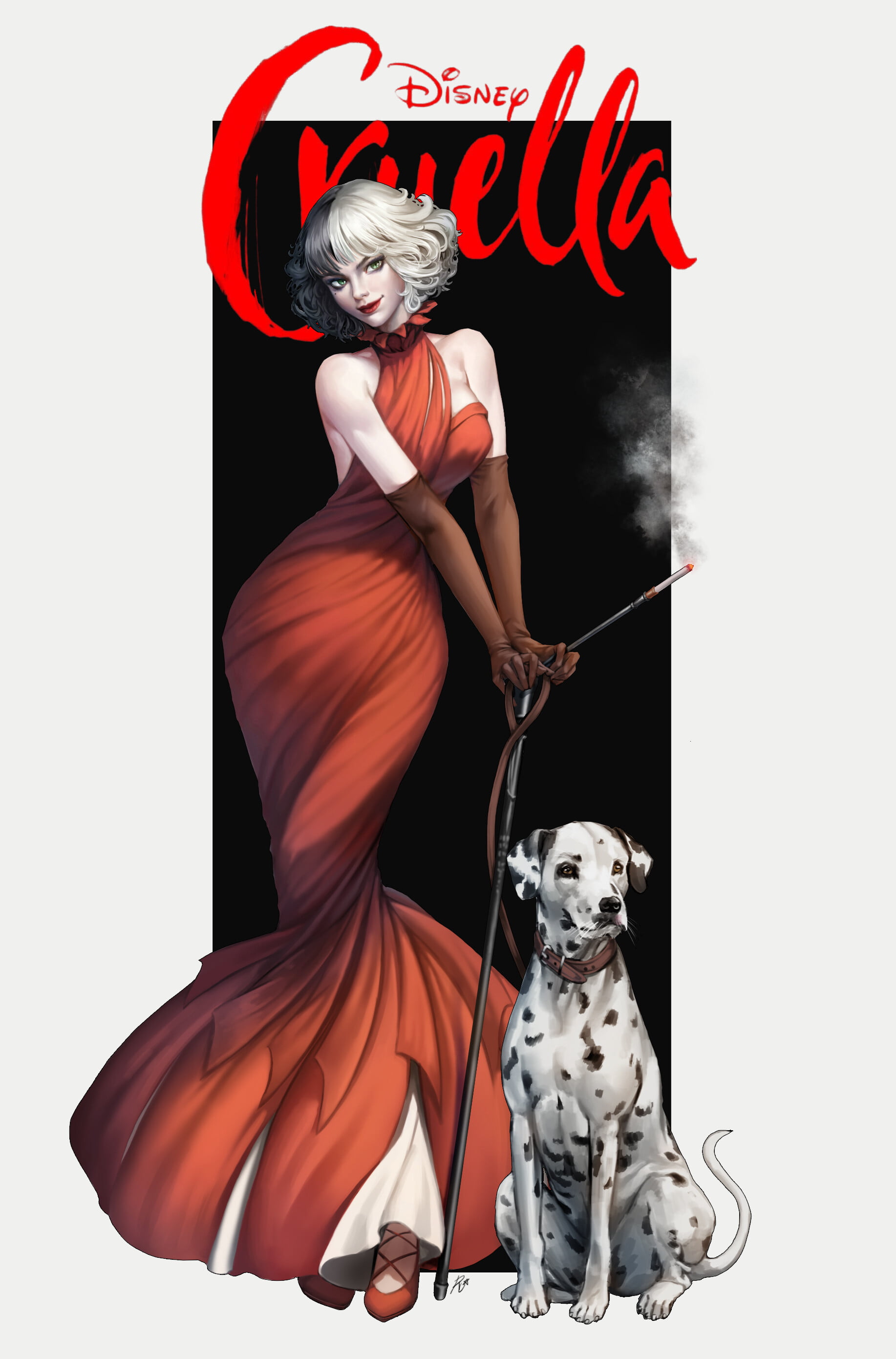 2K, illustration, artwork, fan art, Disney, women, green eyes, red dress, white hair, Cruella, cane, Dalmatian, dress, black hair, Cruella de Vil, cigarettes, Phone HD Wallpaper