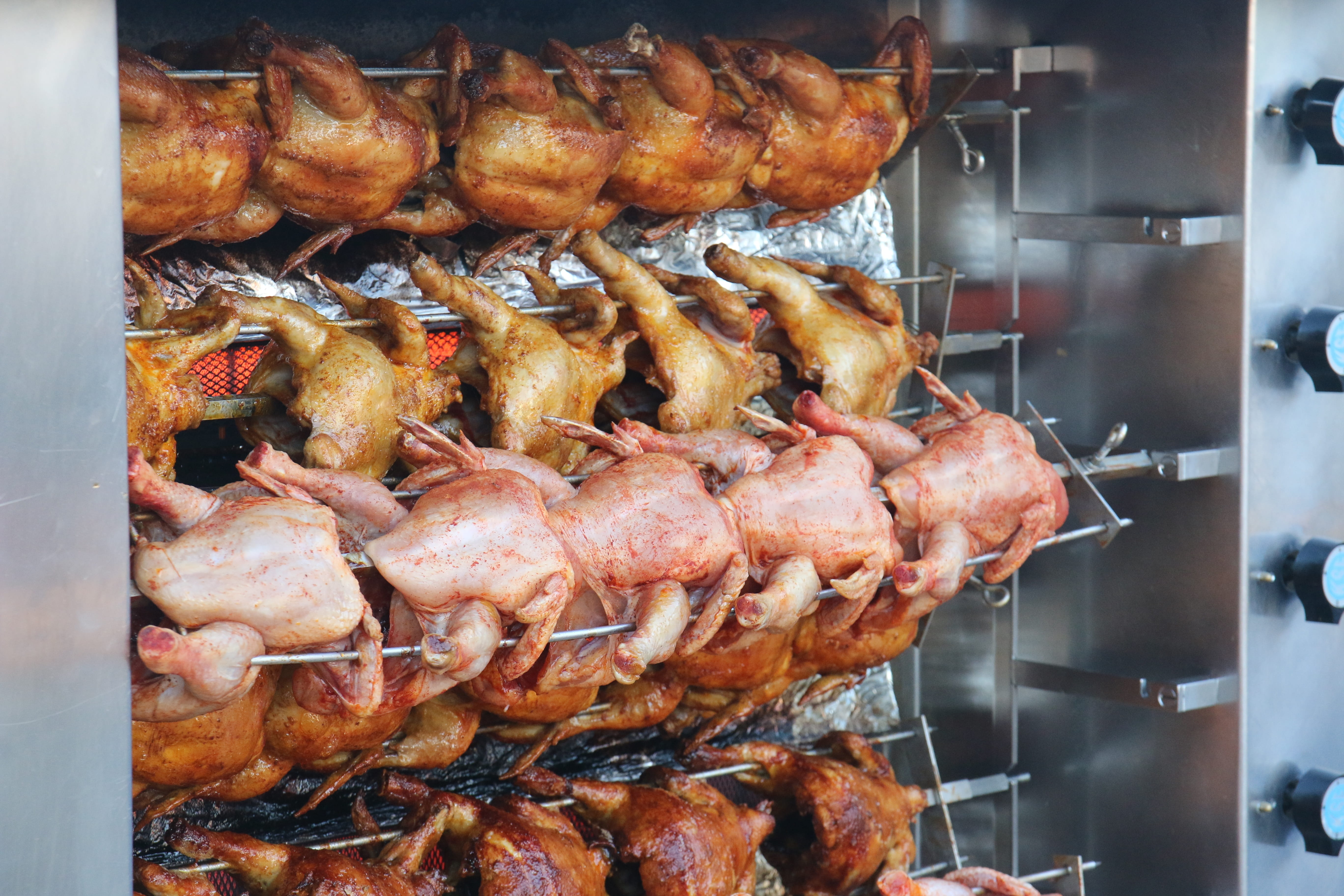outdoors, indoors, gourmet, rotisserie, 5K, in a row, abundance, meal, hanging, pork, grill, cooking, close-up, market, meat, heat - Temperature, retail, HD Wallpaper