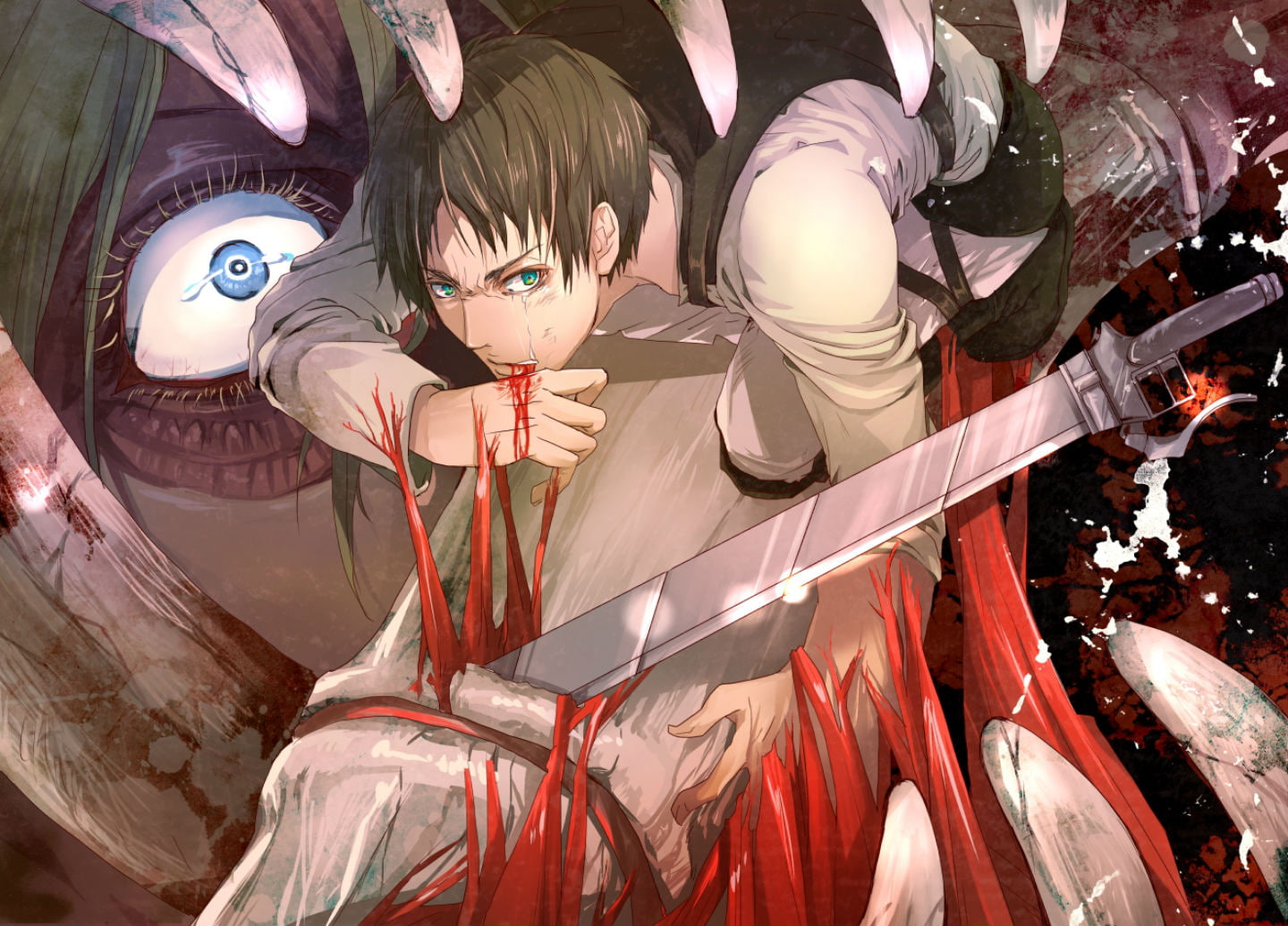 subaru, brown, female, jaeger, blue, sword, short, kyojin, hair, green, blood, kadowaki, eren, weapon, shingeki, titan, eyes, 720P, HD Wallpaper
