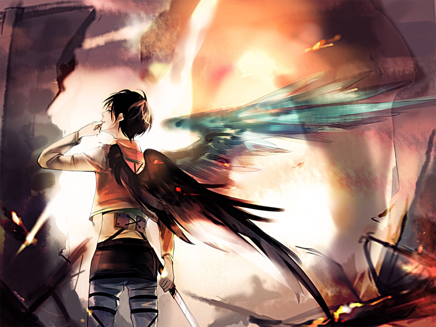shingeki, 720P, paintwork, kyojin, jaeger, wings, anime, boys, eren, HD Wallpaper
