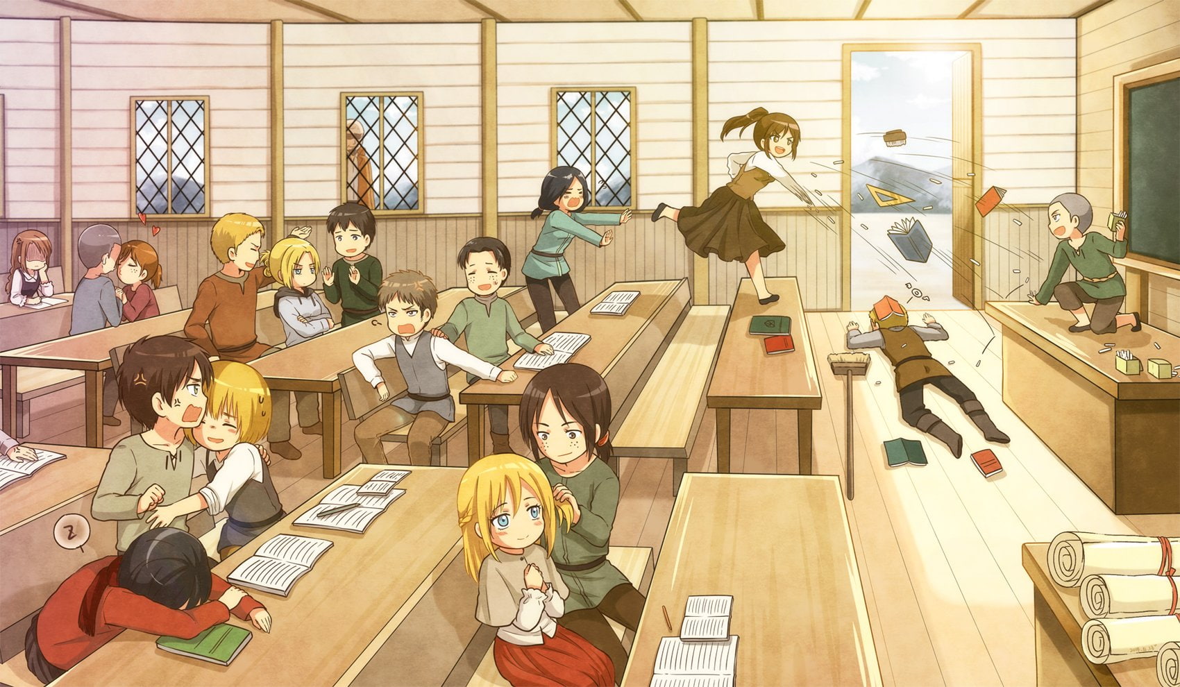 marco, hair, eren, black, short, male, moxue, blonde, 720P, purple, bodt, qianxi, skirt, braids, flat, blush, book, paper, brown, chest, jaeger, long, HD Wallpaper