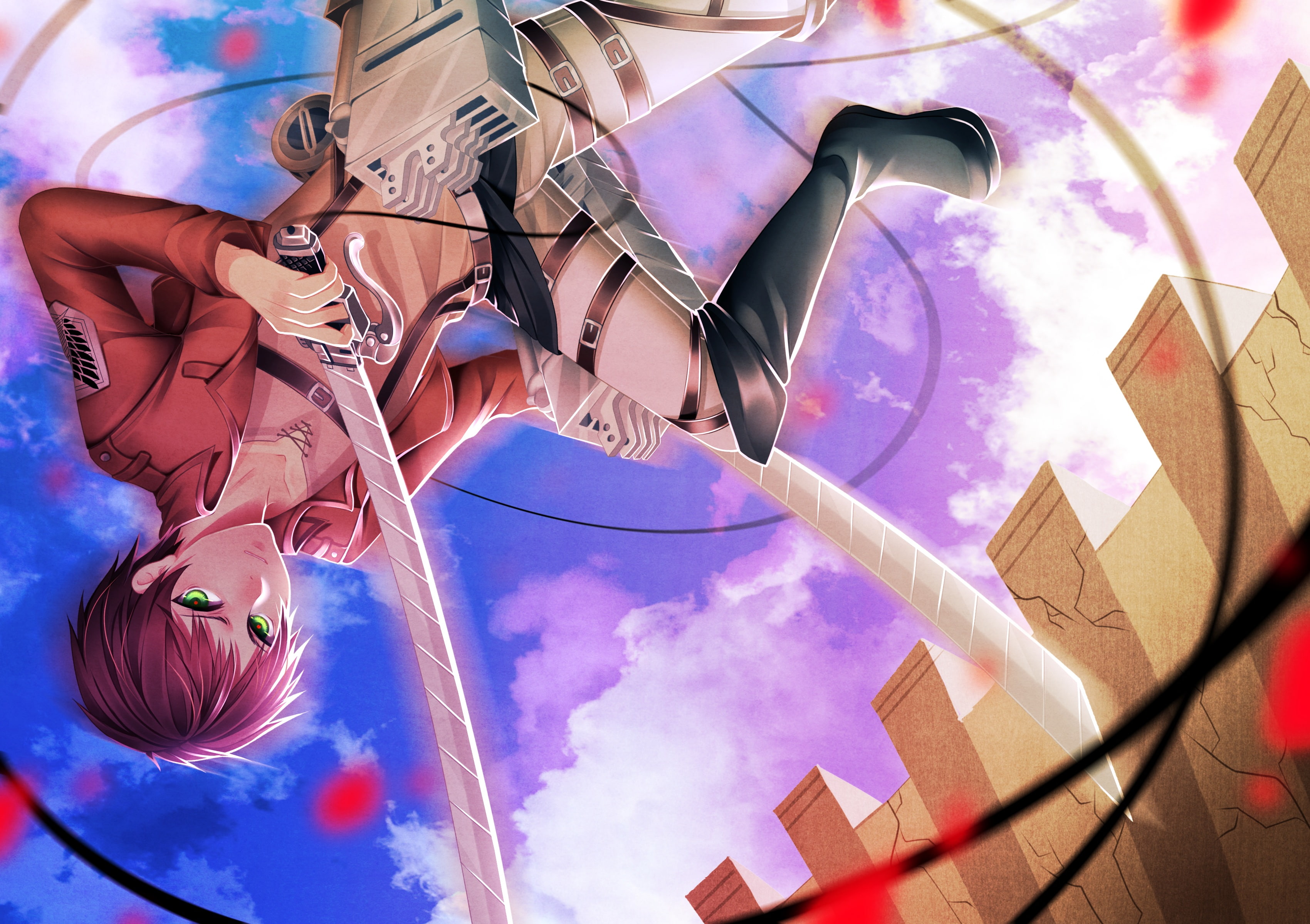 hair, male, sword, bicolored, brown, boots, weapon, short, jaeger, seishiki, kyojin, shingeki, 2K, eyes, green, uniform, red, eren, HD Wallpaper