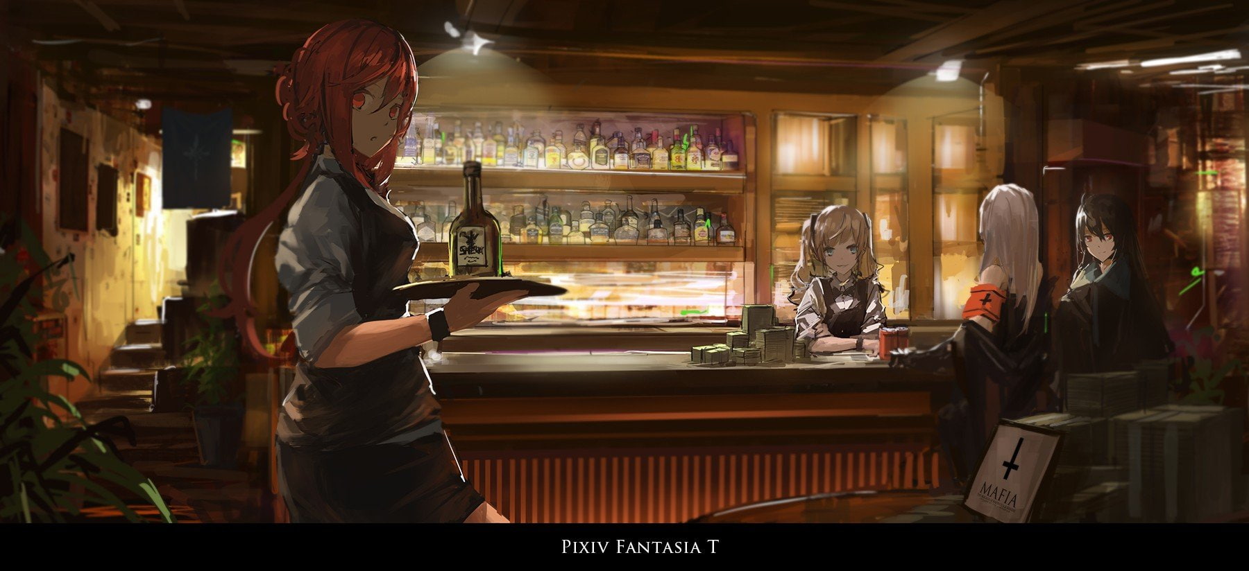 720P, Pixiv Fantasia T, bottles, Bar, Original Characters, Anime Girls, Pixiv Fantasia, anime, Long Hair, Archer Natus, HD Wallpaper