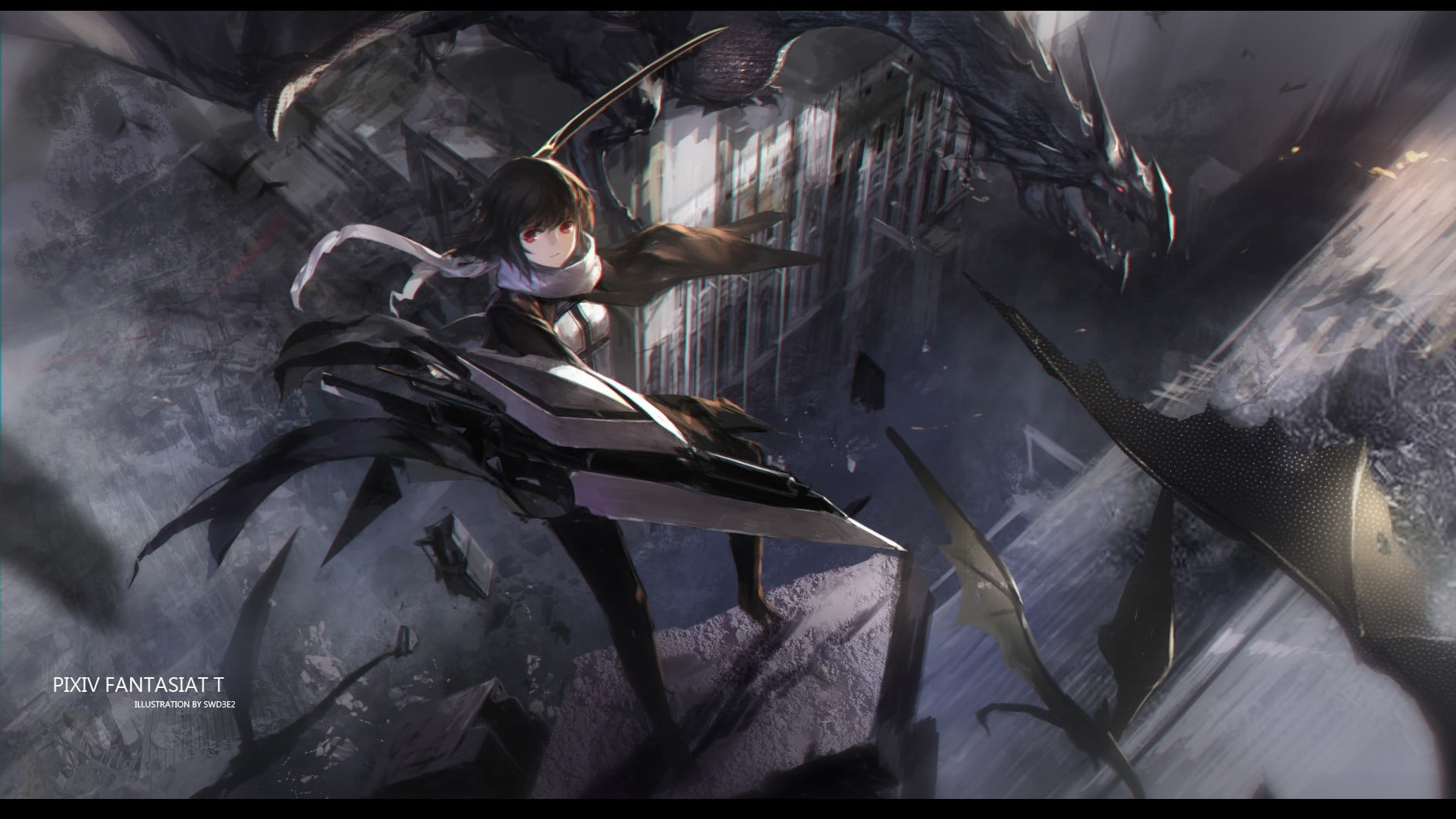skill, full length, swd3e2, expertise, scarf, dragon, three quarter length, weapon, wind, auto post production filter, real people, artist, anime, standing, HD Wallpaper