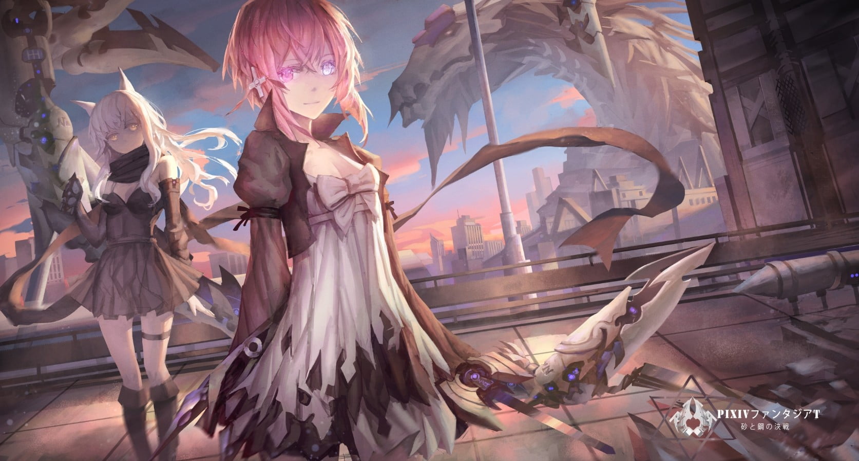 day, short hair, architecture, heterochromia, clothing, outdoors, 720P, long hair, dragon, women, real people, hairstyle, adult, fashion, anime girls, HD Wallpaper