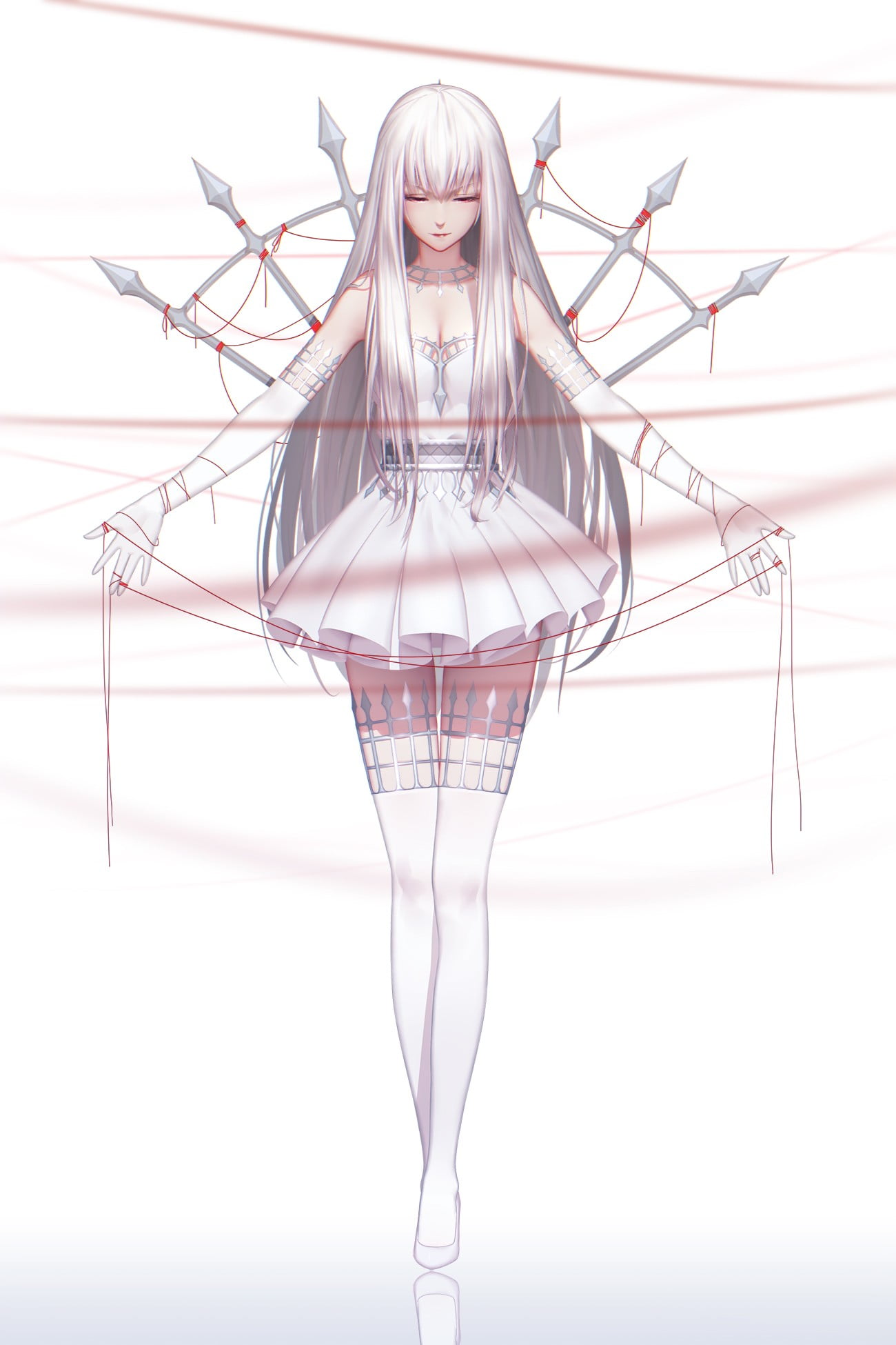 gloves, thigh-highs, smiling, creativity, looking at camera, white color, indoors, craft, white dress, original characters, hair, lighting equipment, white hair, Phone HD Wallpaper