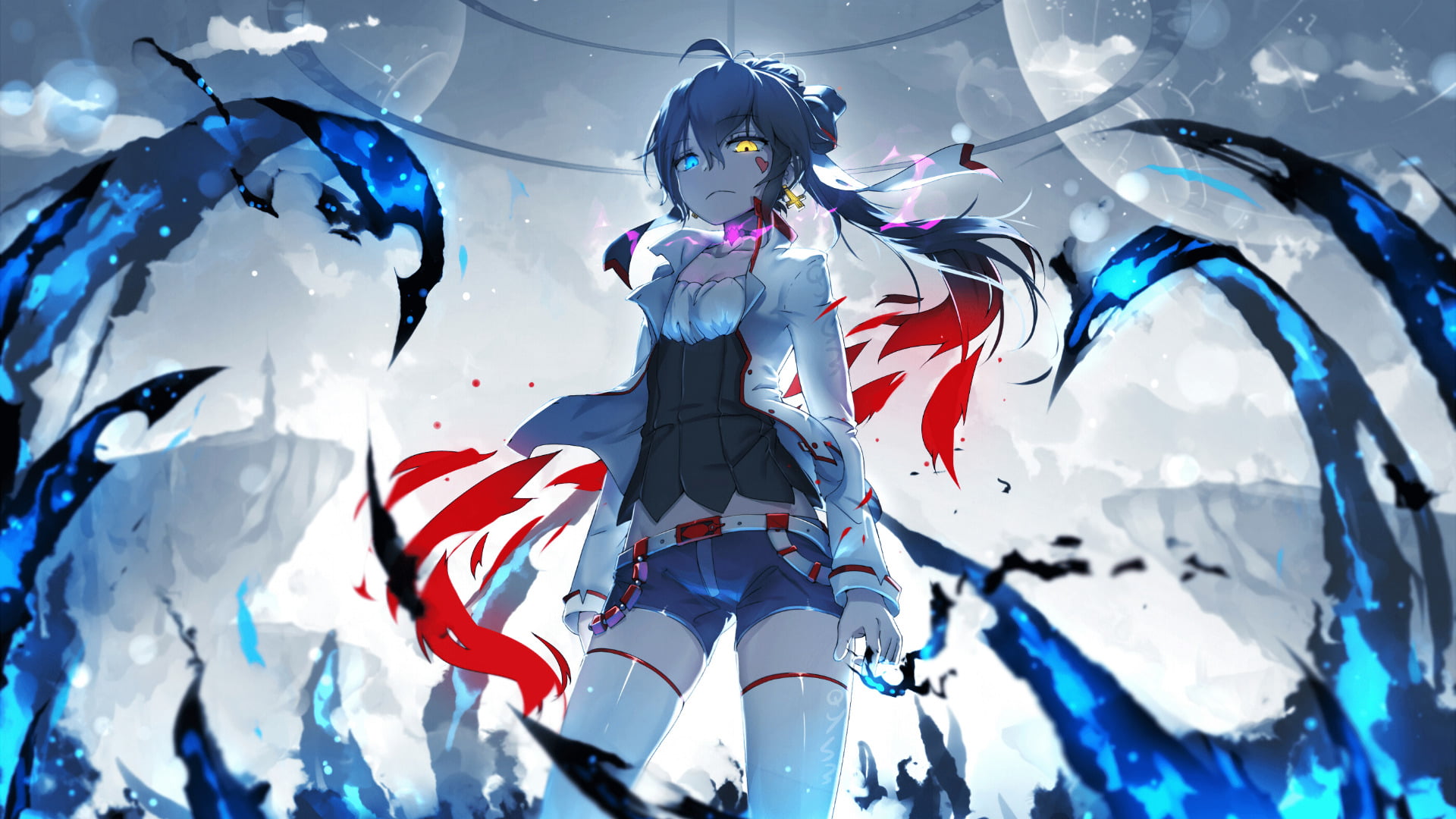 Blue Hair, human representation, representation, art and craft, blue, celebration, people, flag, 1080P, shirt, Heterochromia, Pixiv Fantasia T, illustration, HD Wallpaper
