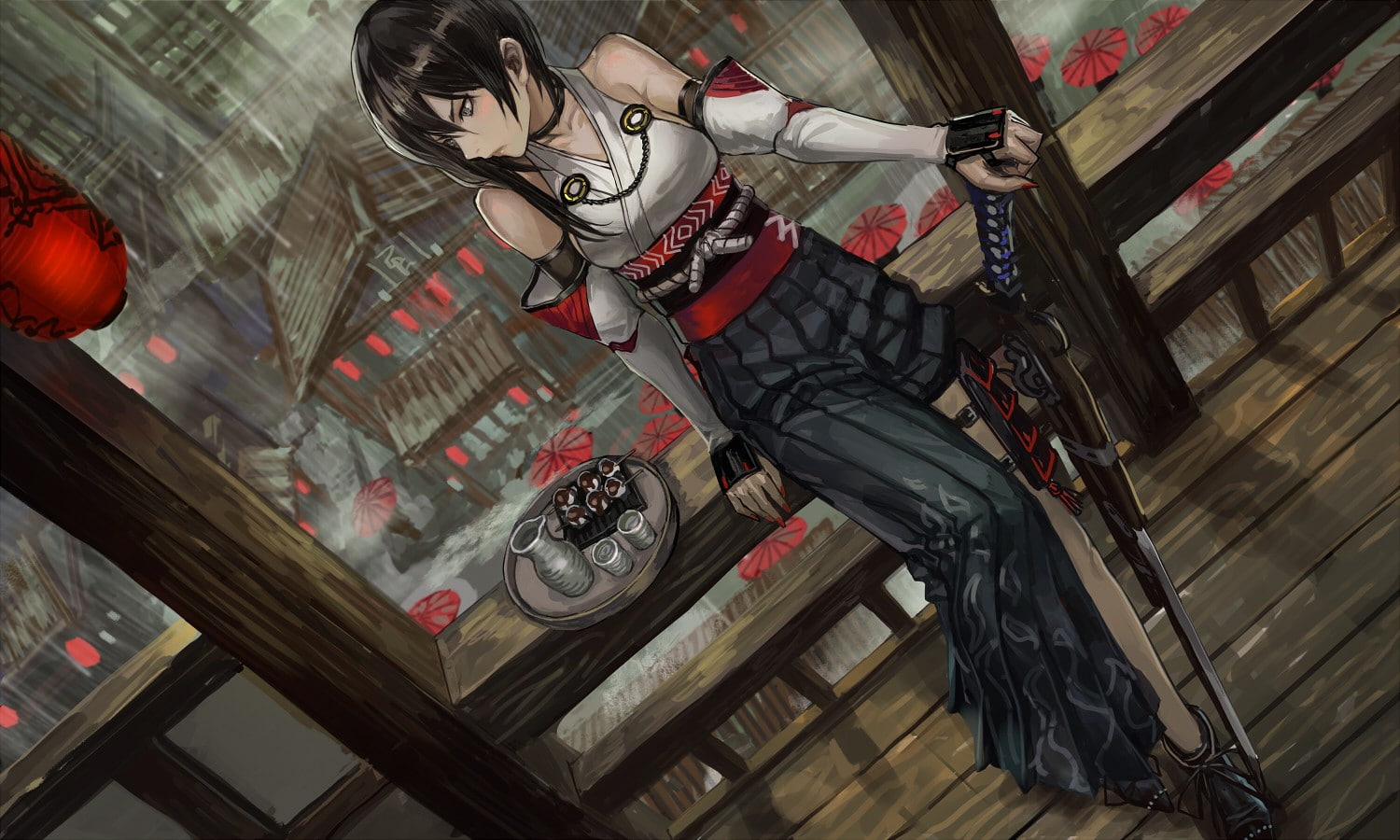 traditional clothing, original characters, Pixiv Fantasia T, 720P, weapon, sword, lantern, gun, anime girls, Pixiv Fantasia, black hair, anime, HD Wallpaper