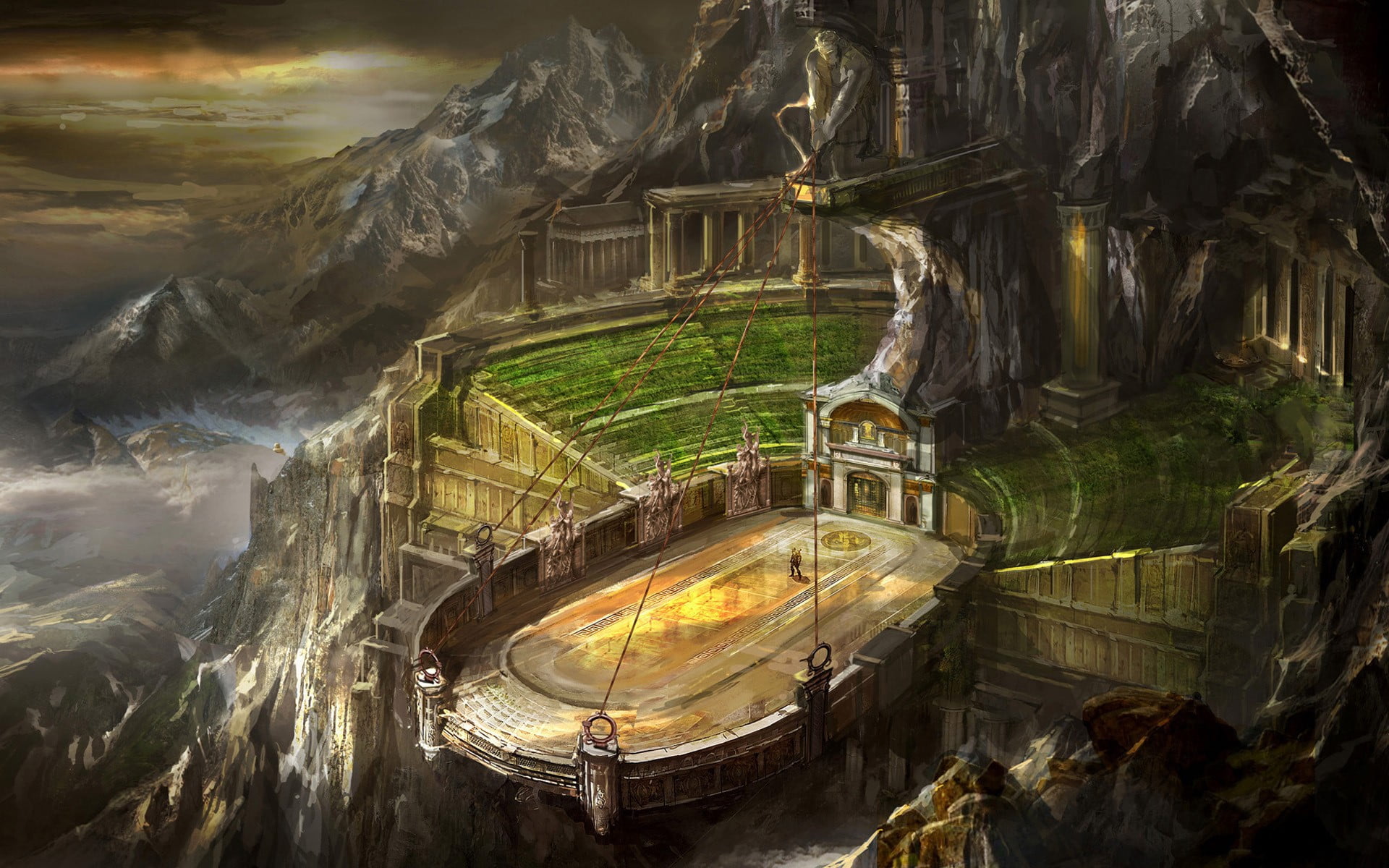 architecture, God of War III, arena, sculpture, mining, industry, digital art, scenics - nature, stadium, geology, day, environment, water, snowy peak, HD Wallpaper