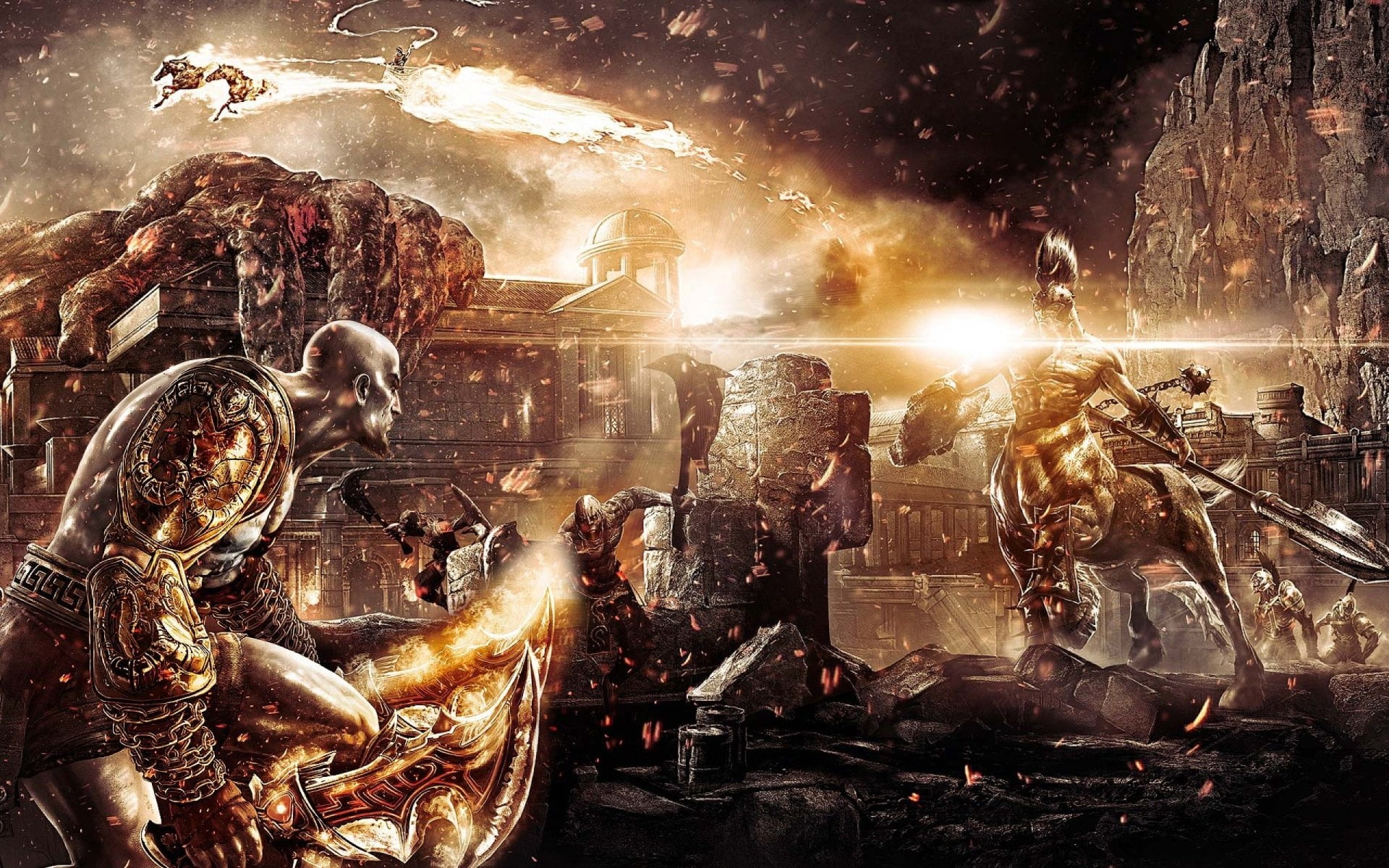 war, architecture, smoke - physical structure, digital, technology, night, arts culture and entertainment, lighting equipment, god, sky, kratos, God of War, HD Wallpaper