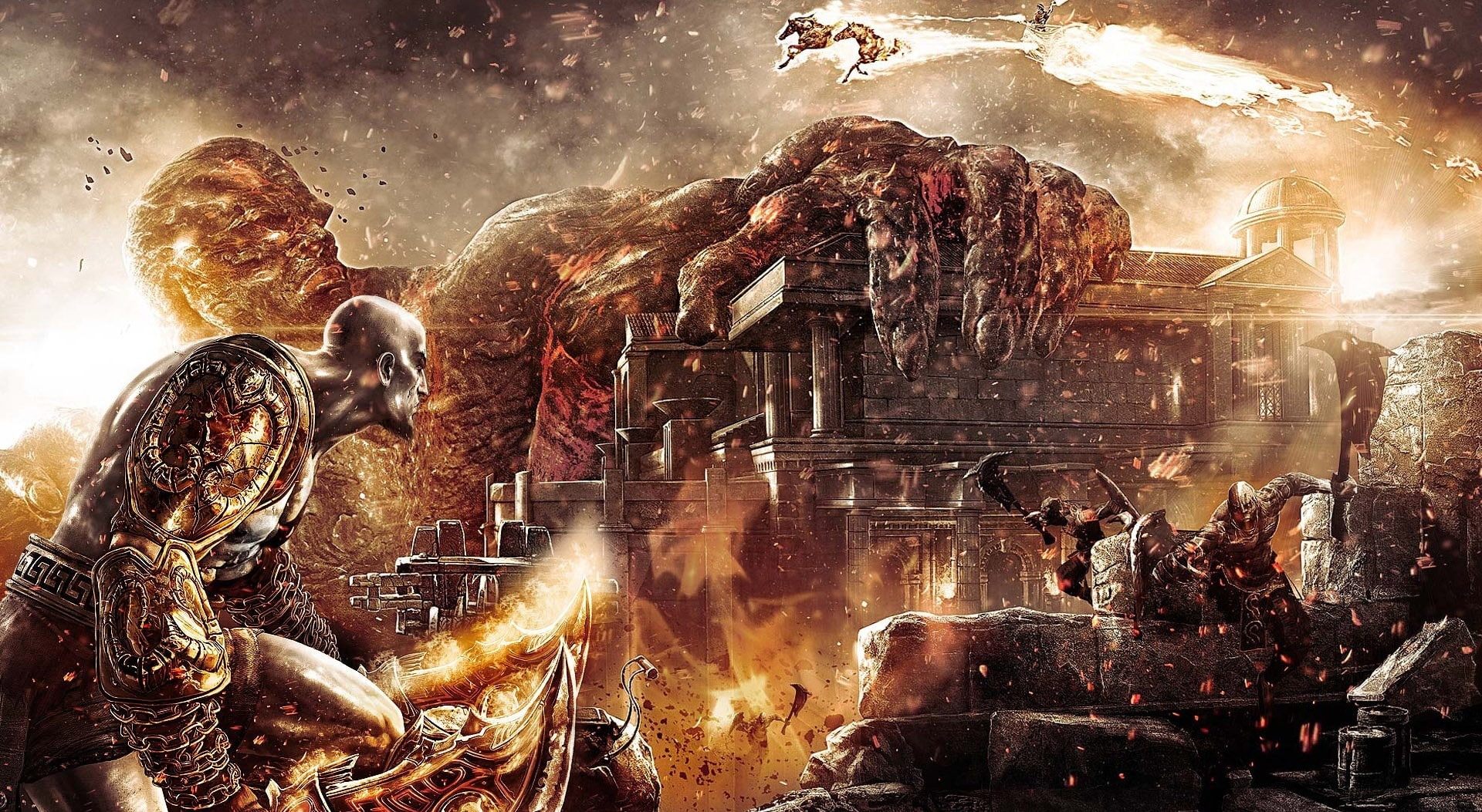outdoors, building, art and craft, representation, flame, titan, god, video game, fire, game, architecture, people, meat, iii, digital composite, god of war 3, HD Wallpaper