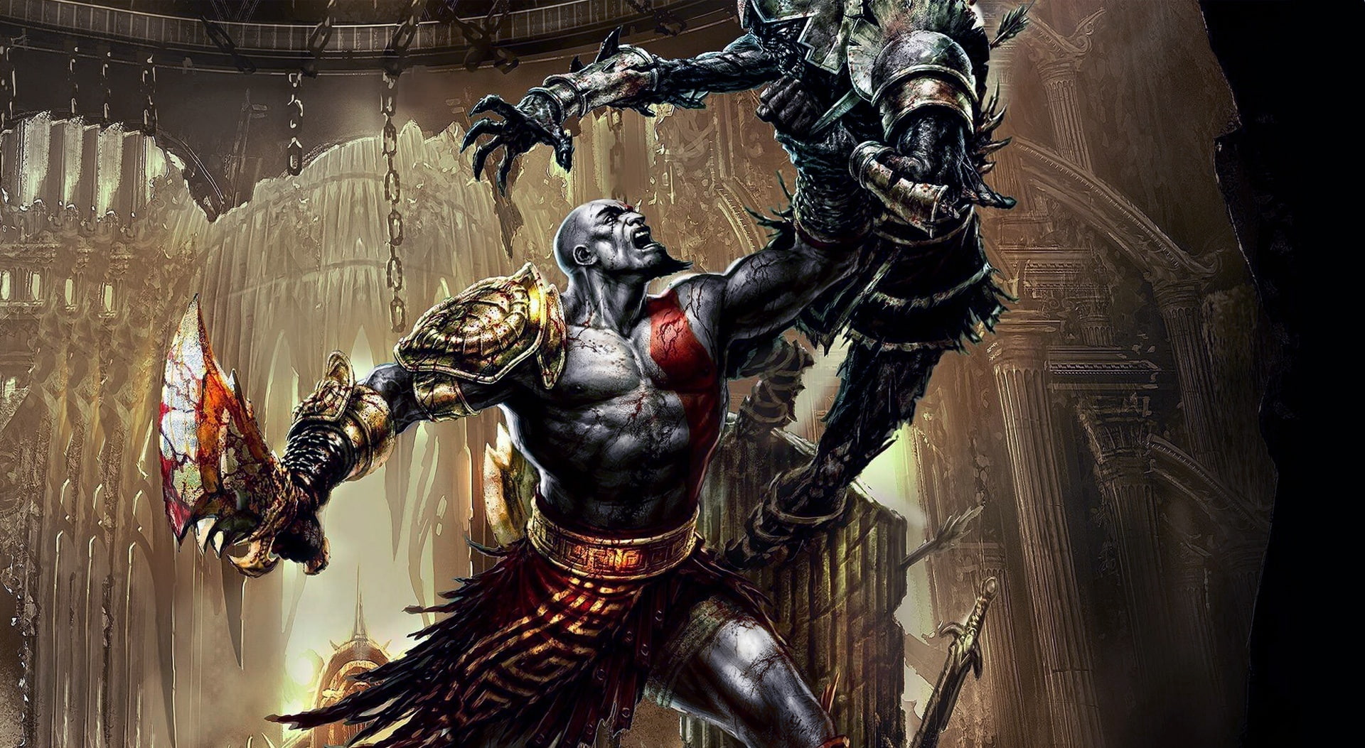 god, statue, craft, sculpture, God Of War, creativity, human representation, the past, digital, god of war iii, male likeness, architecture, wall - building feature, HD Wallpaper